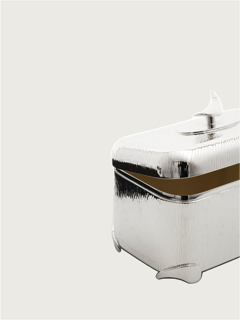 Silver-plated valuables holder — close-up of textured silver surface