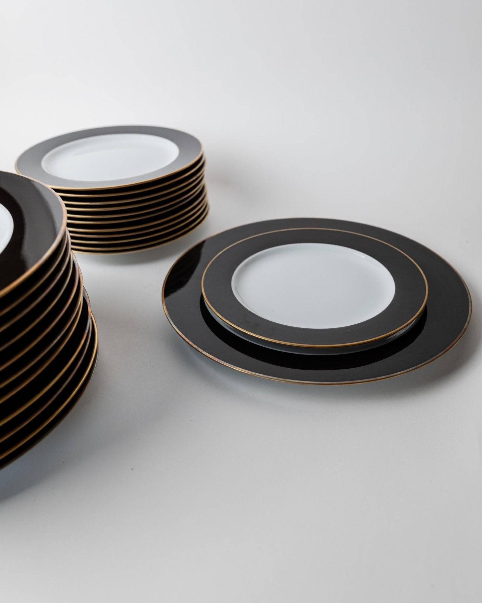 Vintage 1980s Porcelain Dinnerware Set for 12, Black White with Gold Rim by Eschenbach Bavaria Germany, Classic Elegant Tableware, Gift Idea — view 15