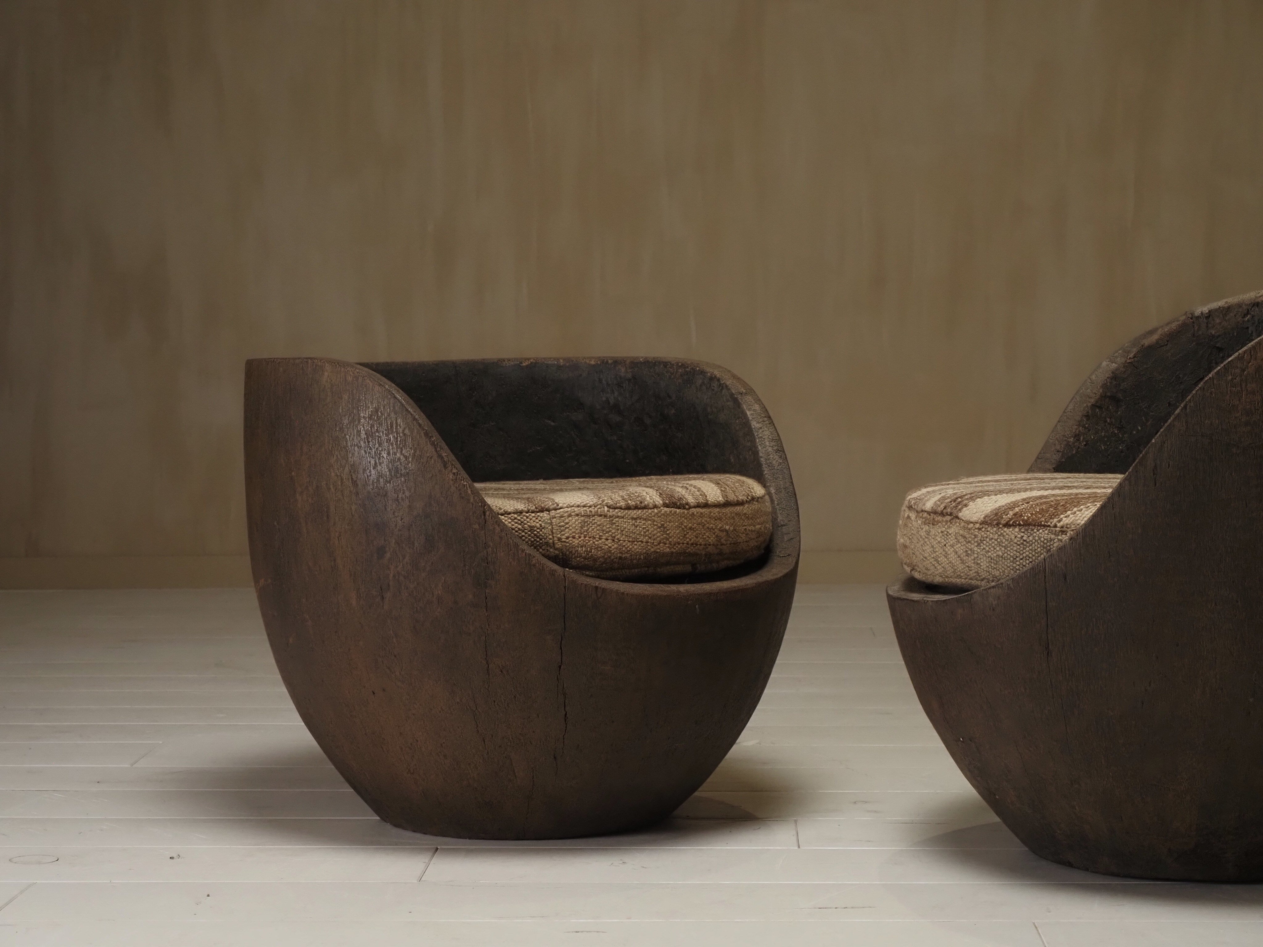 Sculptural mid-century hand-carved pair lounge chairs — additional view