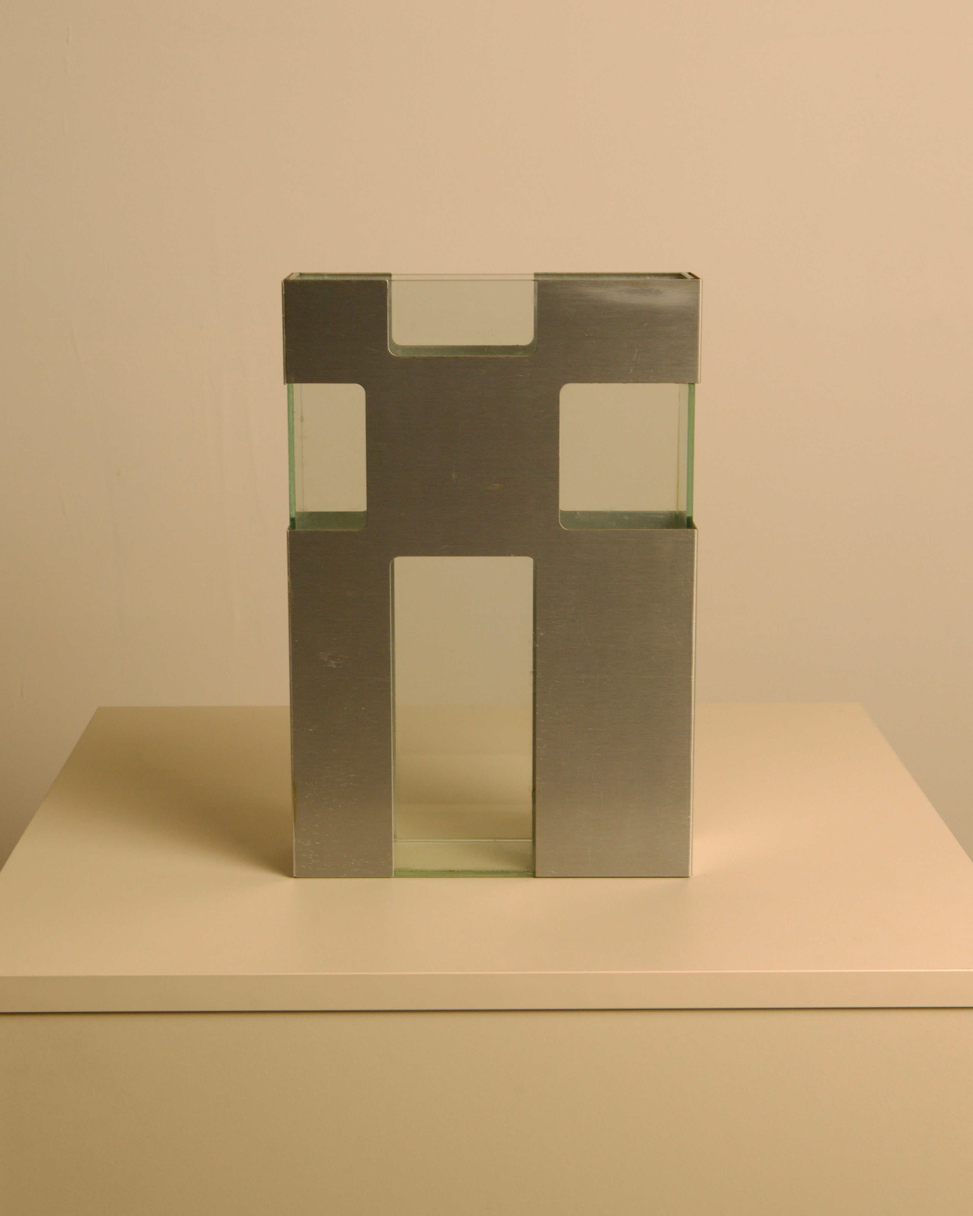 Italian Vase in Metal and Glass c. 1980 — back view highlighting metal frame design