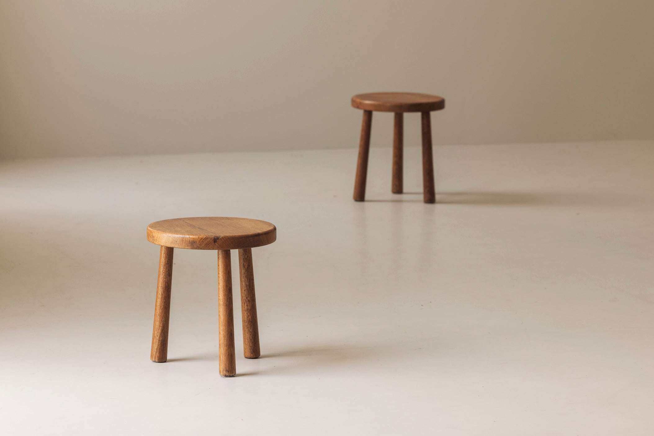 Sculptural Set of Two Solid Oak Stools, France, 1960s by Modern Living | The Oblist