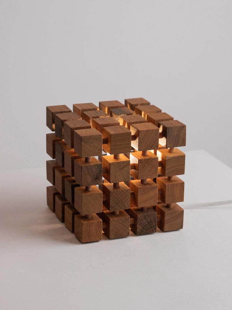 Vintage Sculptural Wooden Cube Table Lamp by Studio Ecubed | The Oblist