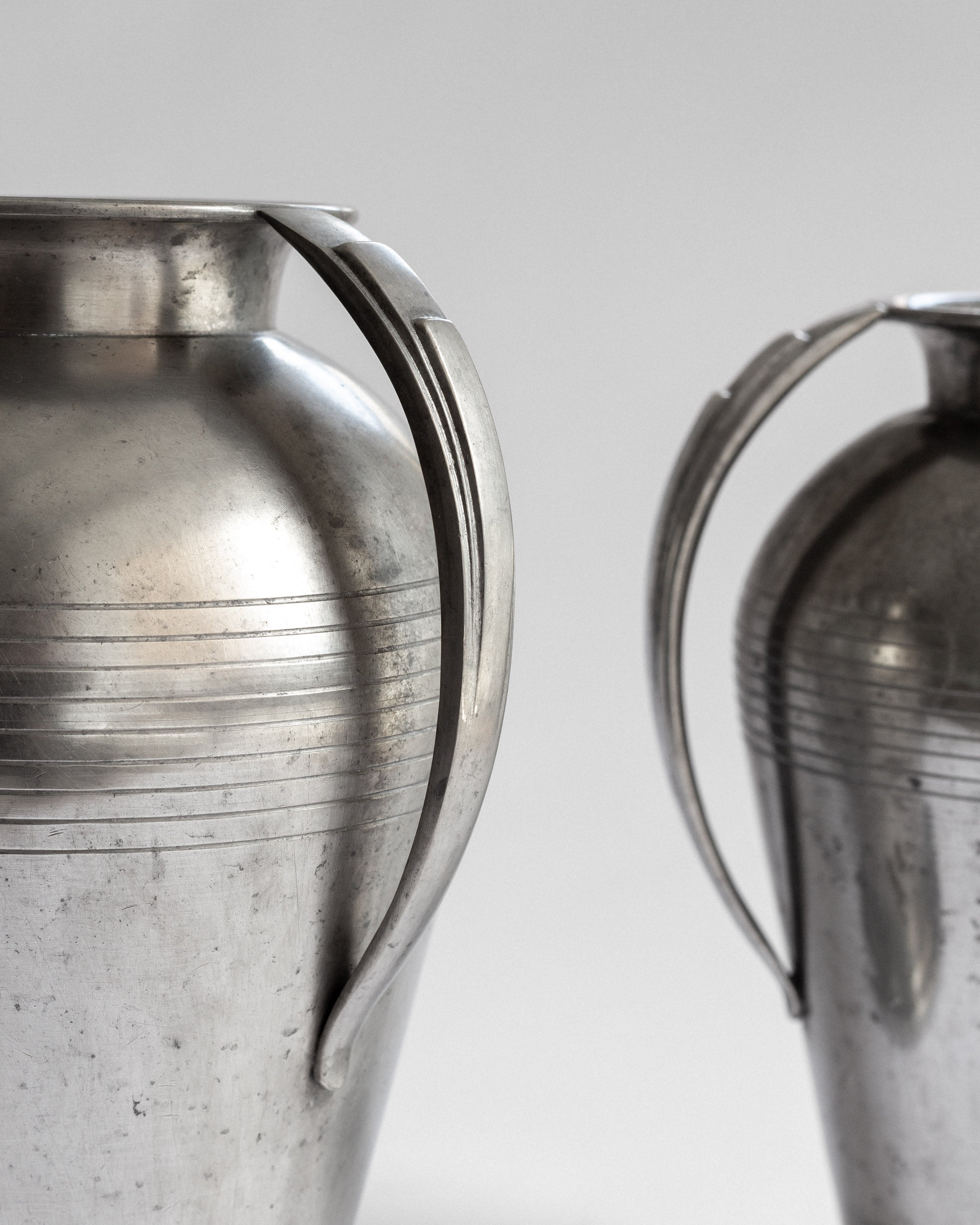 Monumental Art Deco Pewter Vases by GAB, Sweden, 1930s — close-up