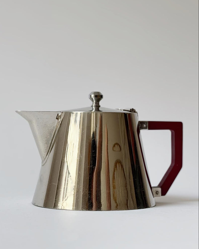 Art Deco Teapot, France by Huerto | The Oblist — stainless steel, red handle