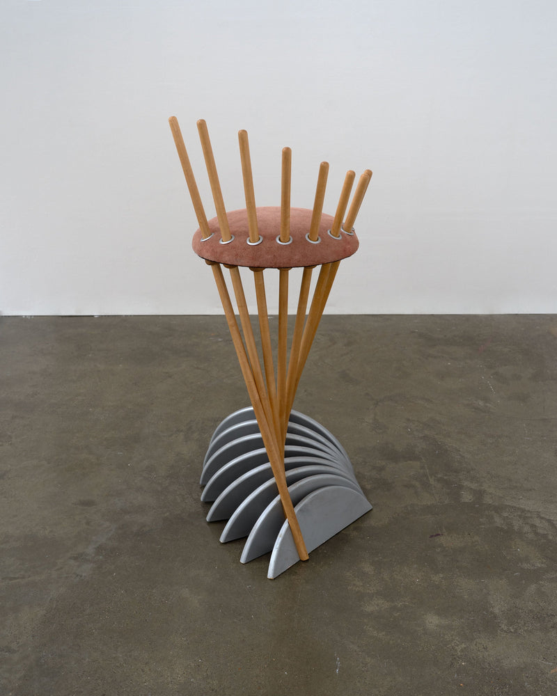 Postmodern prototype stool with wooden spindles and curved base by Isabelle Moore
