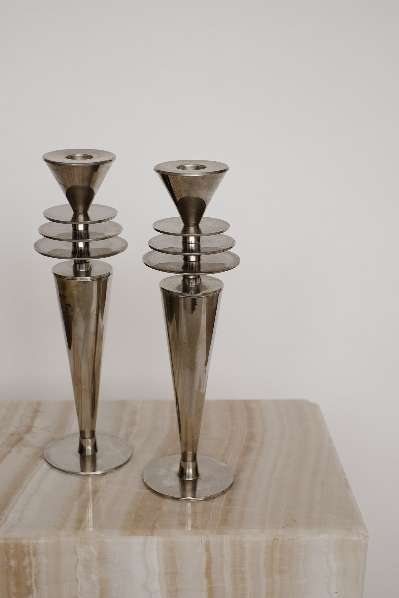 Vintage Art Deco Style Chrome Candlesticks — lifestyle setting