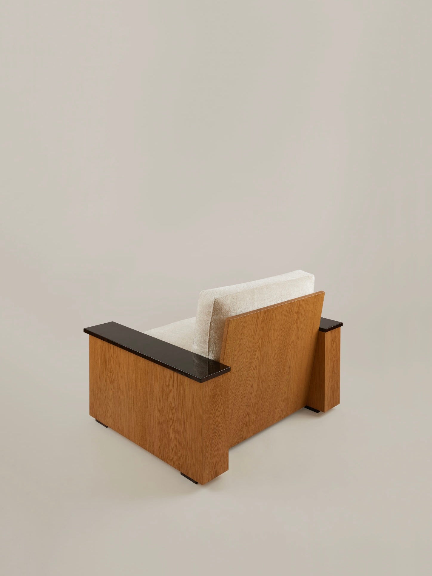Le Capitaine" Arm Chair — back view highlighting oak frame and fabric seat