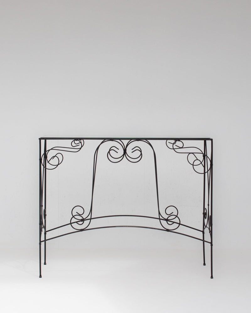 Vintage Wrought Iron Console Table With Glass Top — detail view