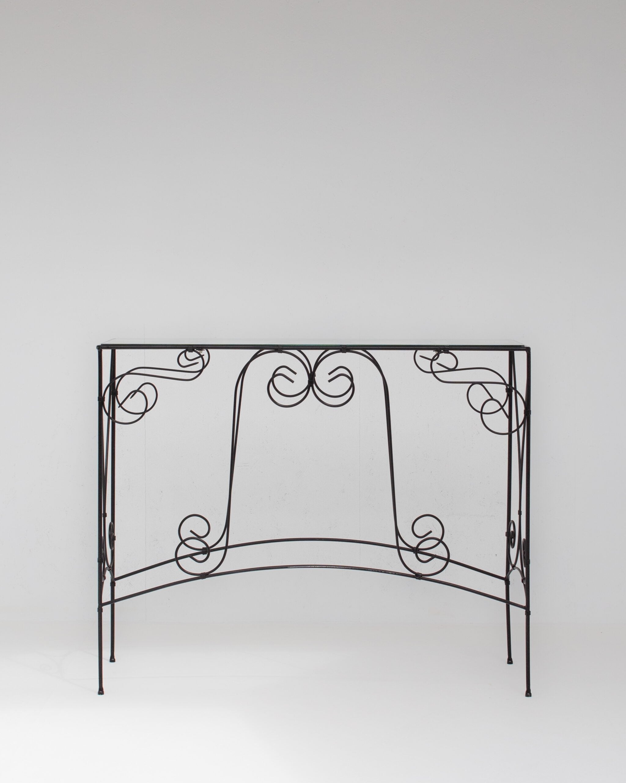 Vintage Wrought Iron Console Table With Glass Top — detail view