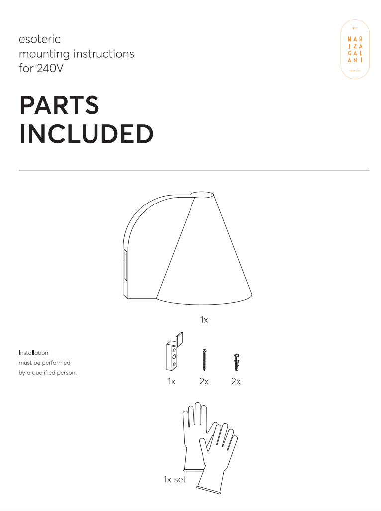 Instruction sheet for mounting the Esoteric Wall Lamp by Mariza Galani: includes lamp shade, bracket, 2 screws, 2 wall plugs & gloves. Handcrafted stoneware with rough texture; installation by a qualified person is recommended.