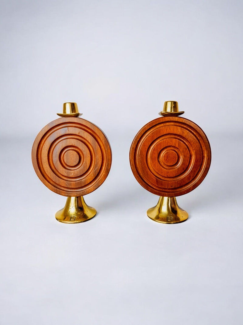 Pair of Brutalist Candleholders by Ardisur, Spain, 1970s — close-up of circular wooden design with brass base
