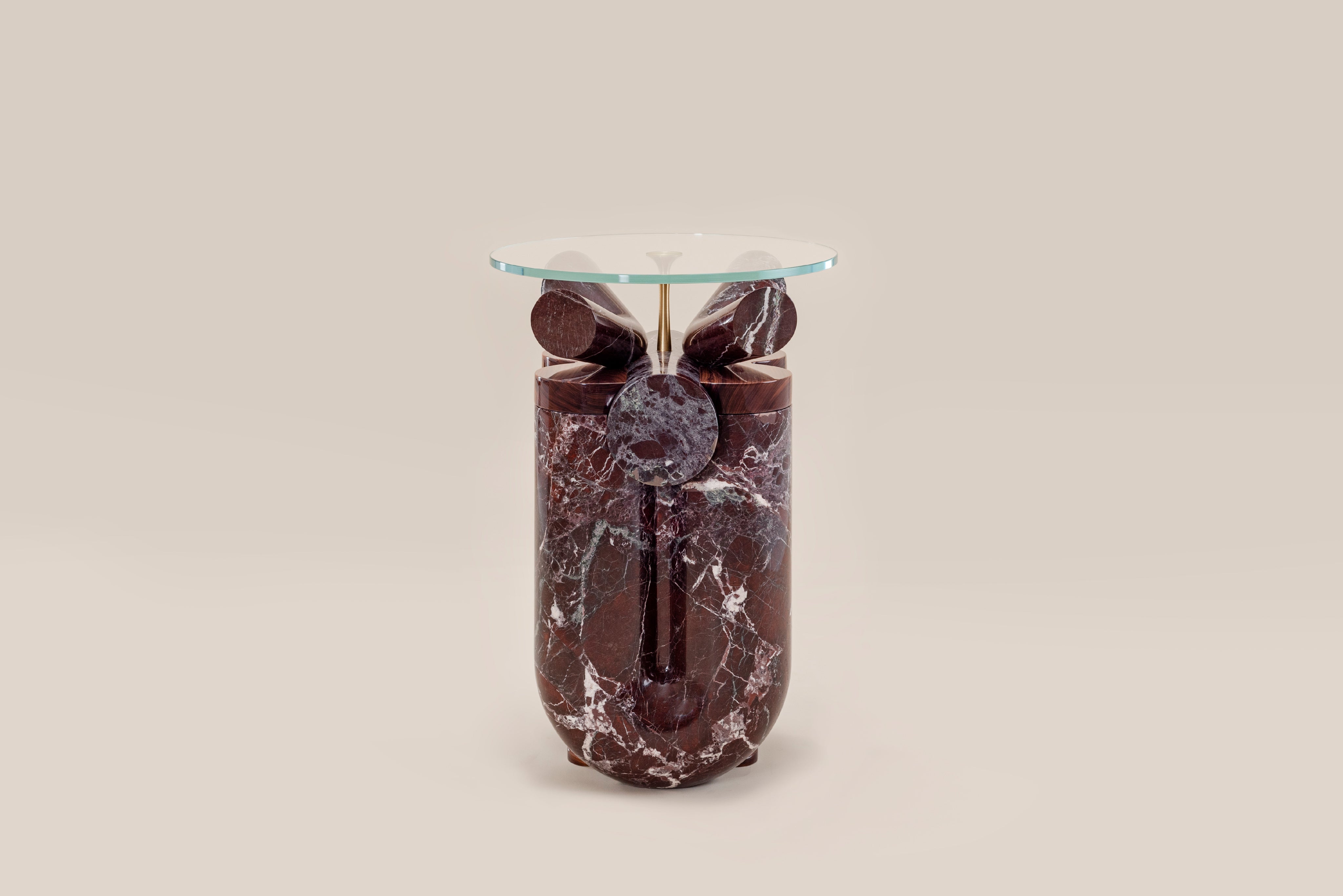Ceti Side table — back view highlighting rich maroon marble base