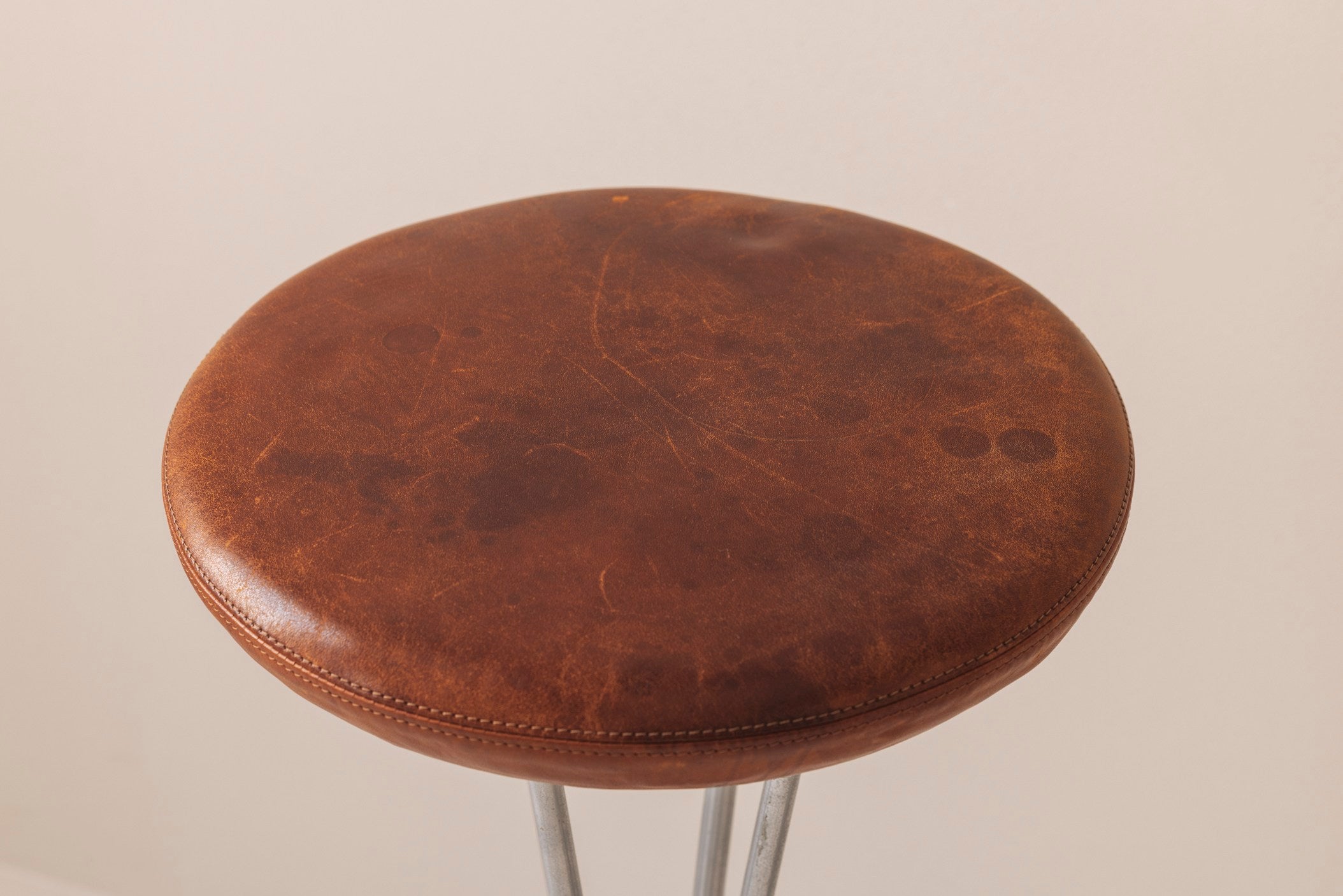 Set of Two Bar Stools in patinated leather by Piet Hein for Fritz Hansen, Denmark, 1960s — alternate view