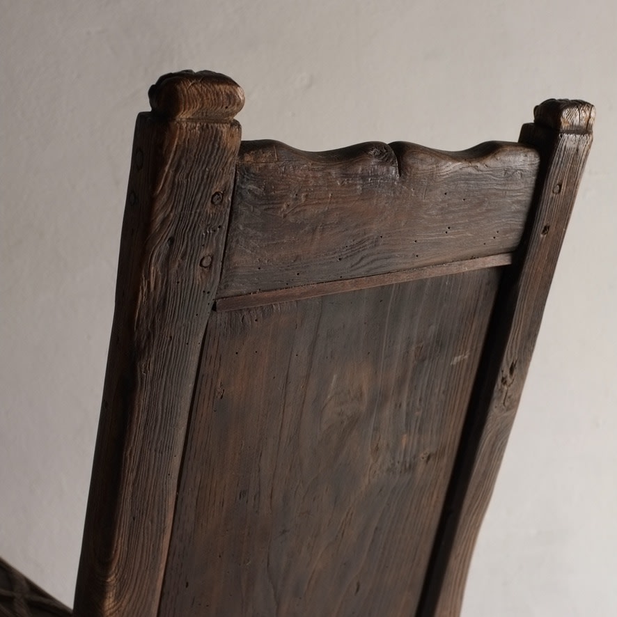 Antique Primitive Carved Oak Arm Chair, Belgium — close-up of textured oak backrest