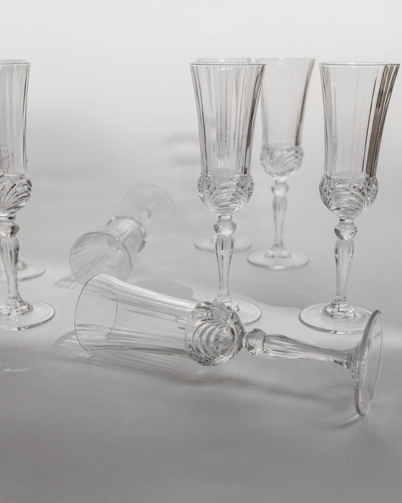 Crystal champagne flutes set detail with decorative cut stems