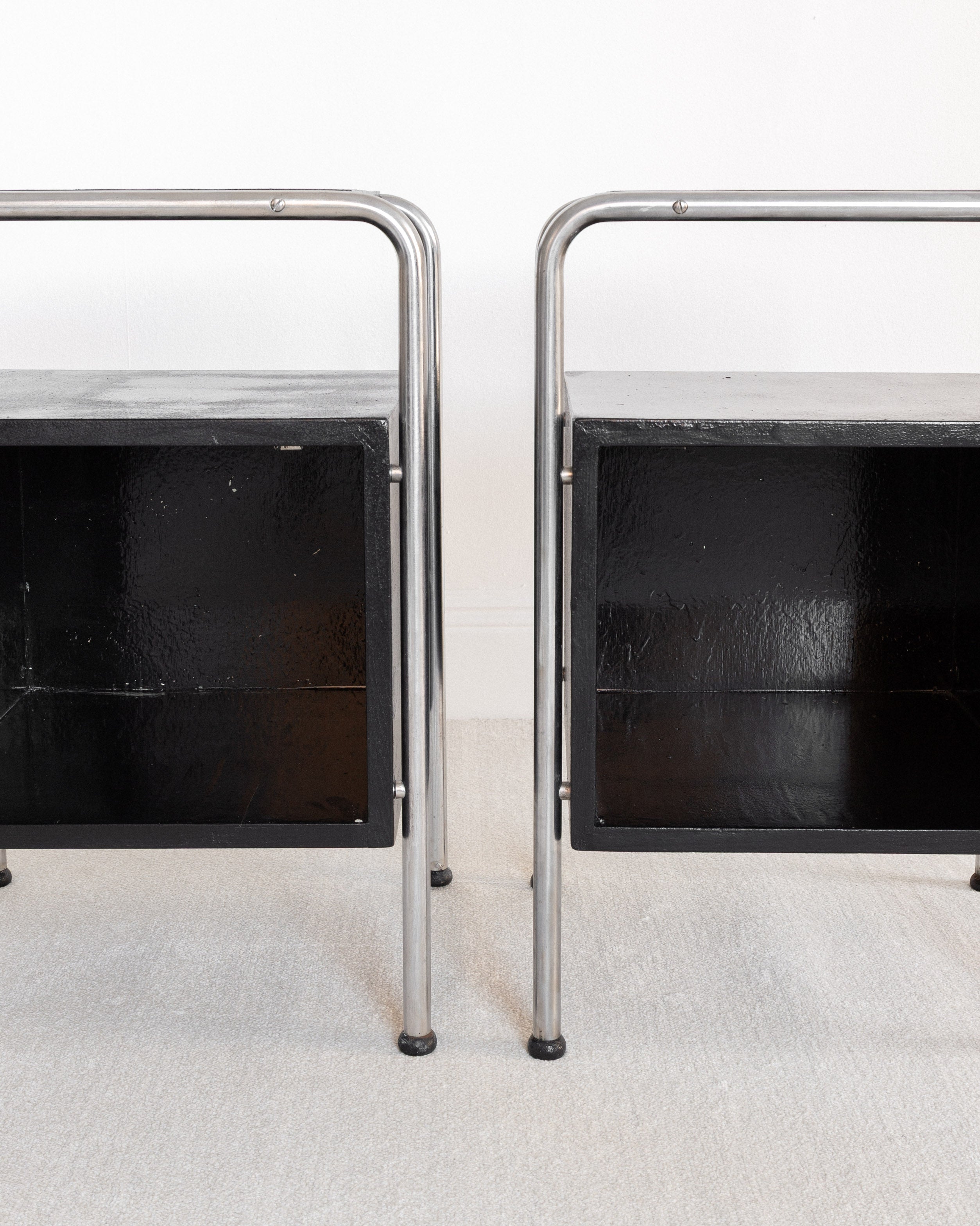 Pair of Functionalist Nightstands, Sweden 1930s — back view showing black surfaces and chrome legs