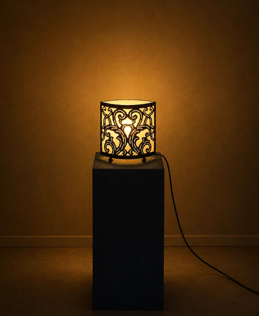 1970s French D-Shape Wrought Iron & Fabric Table Lamp — lifestyle setting