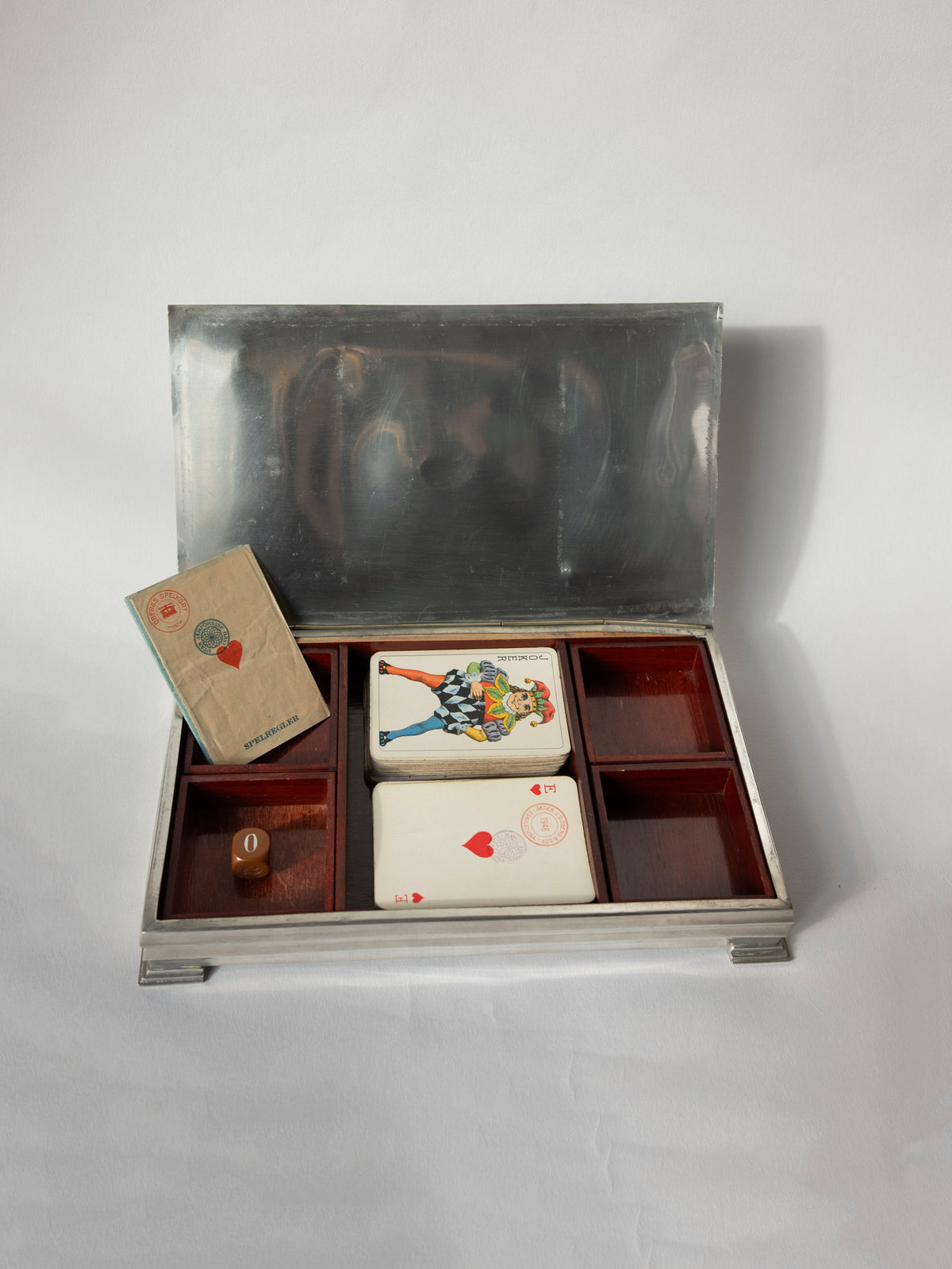 1931 Swedish Art Deco Pewter & Enamel Playing Card Box — detail view