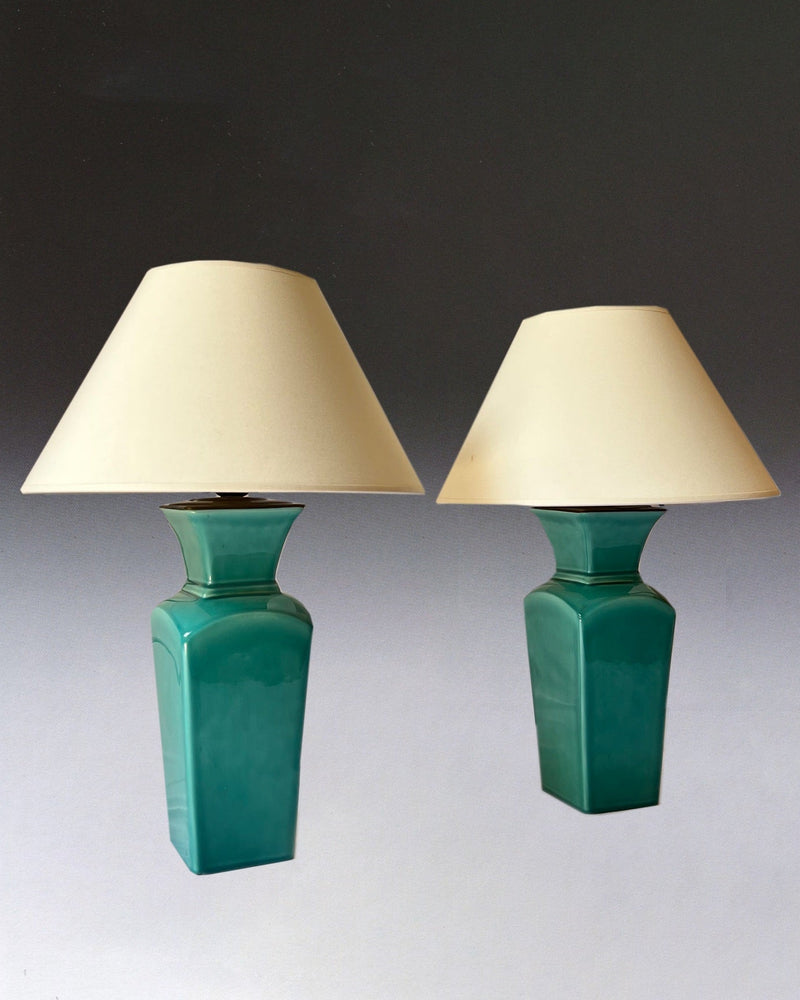 Pair of Art Deco Ceramic lamps by Paul Millet | The Oblist — turquoise ceramic, modern design