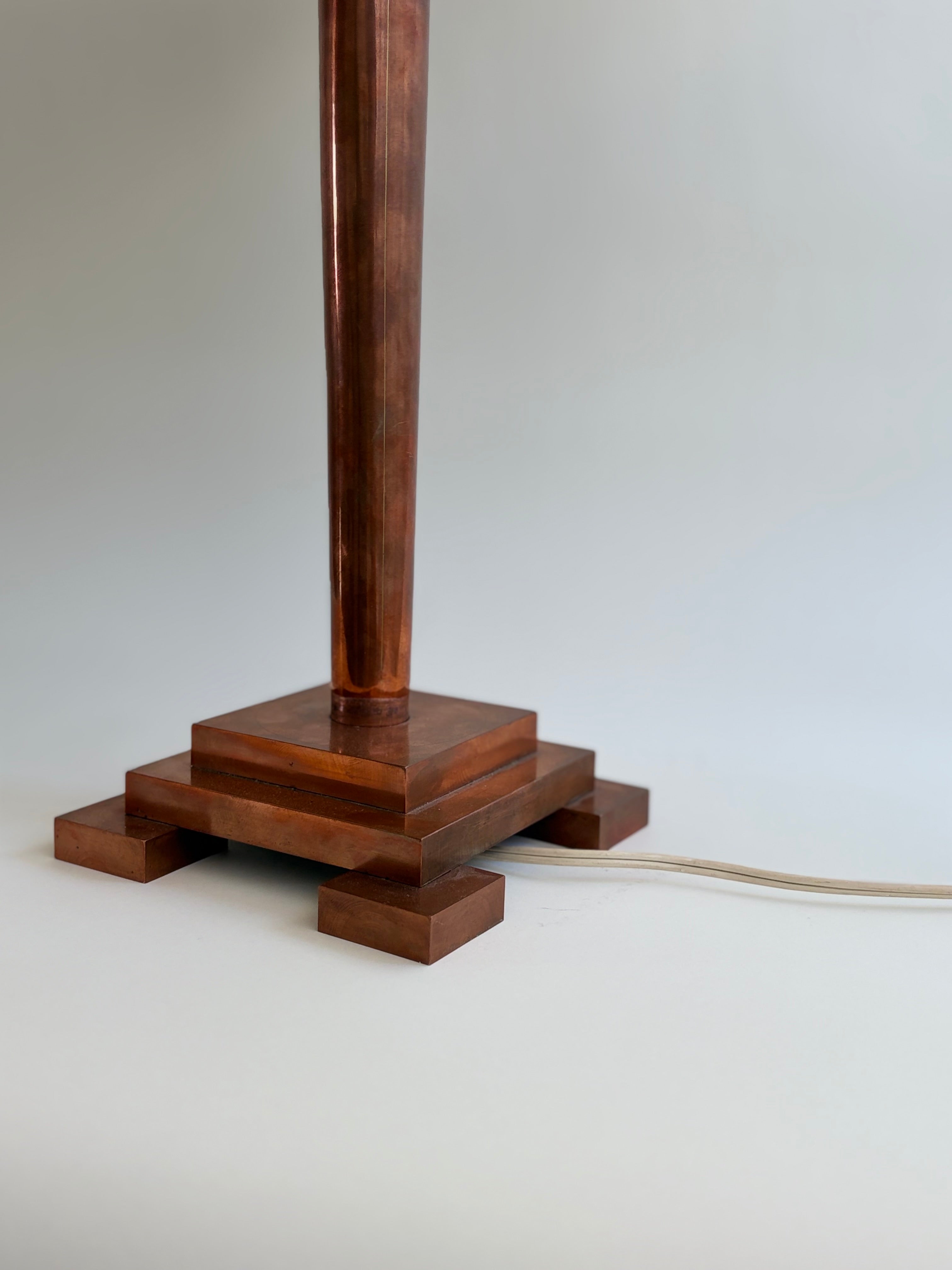 Art Deco Copper Column Lamp, Belgium, 1930s — side angle