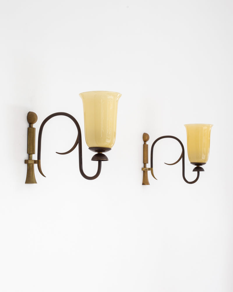 Pair of Art Deco wall sconces with amber glass shades, 1930s