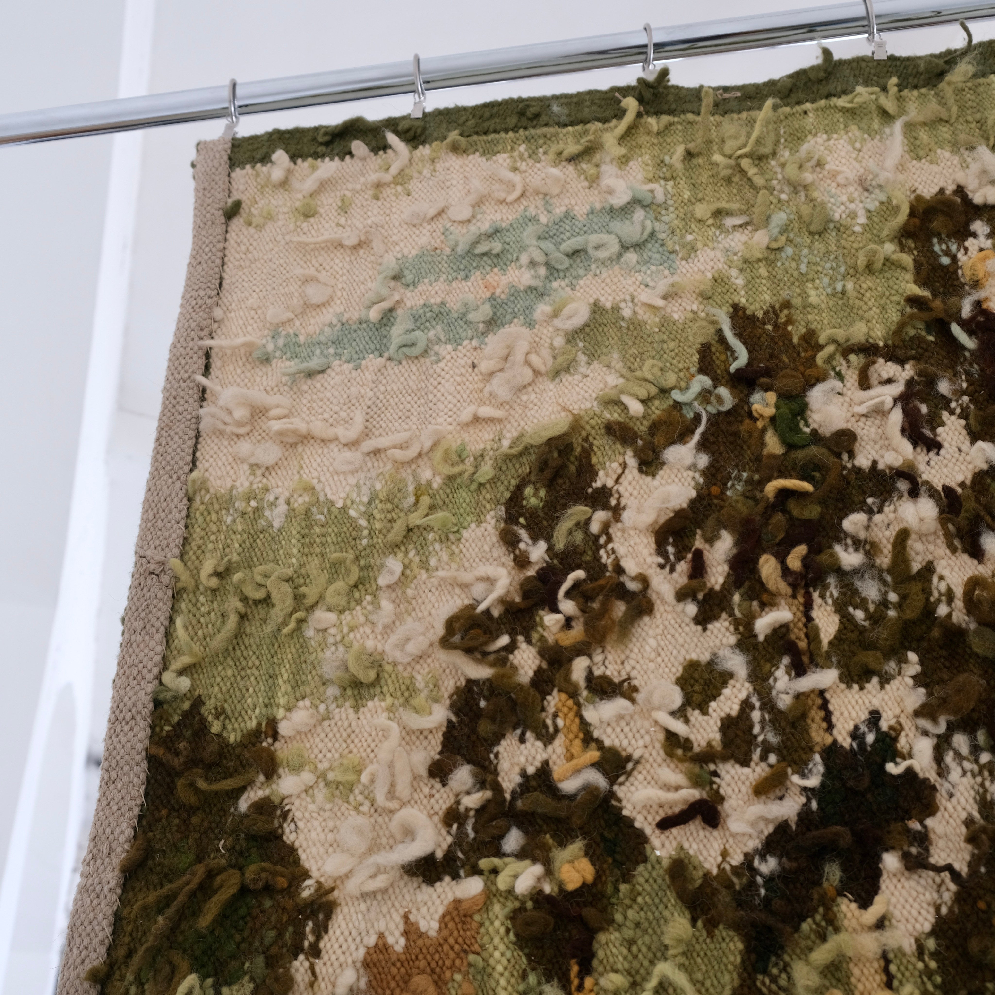 Mid-Century Landscape Wool Wall Tapestry, Poland — top view of textured wool fibers