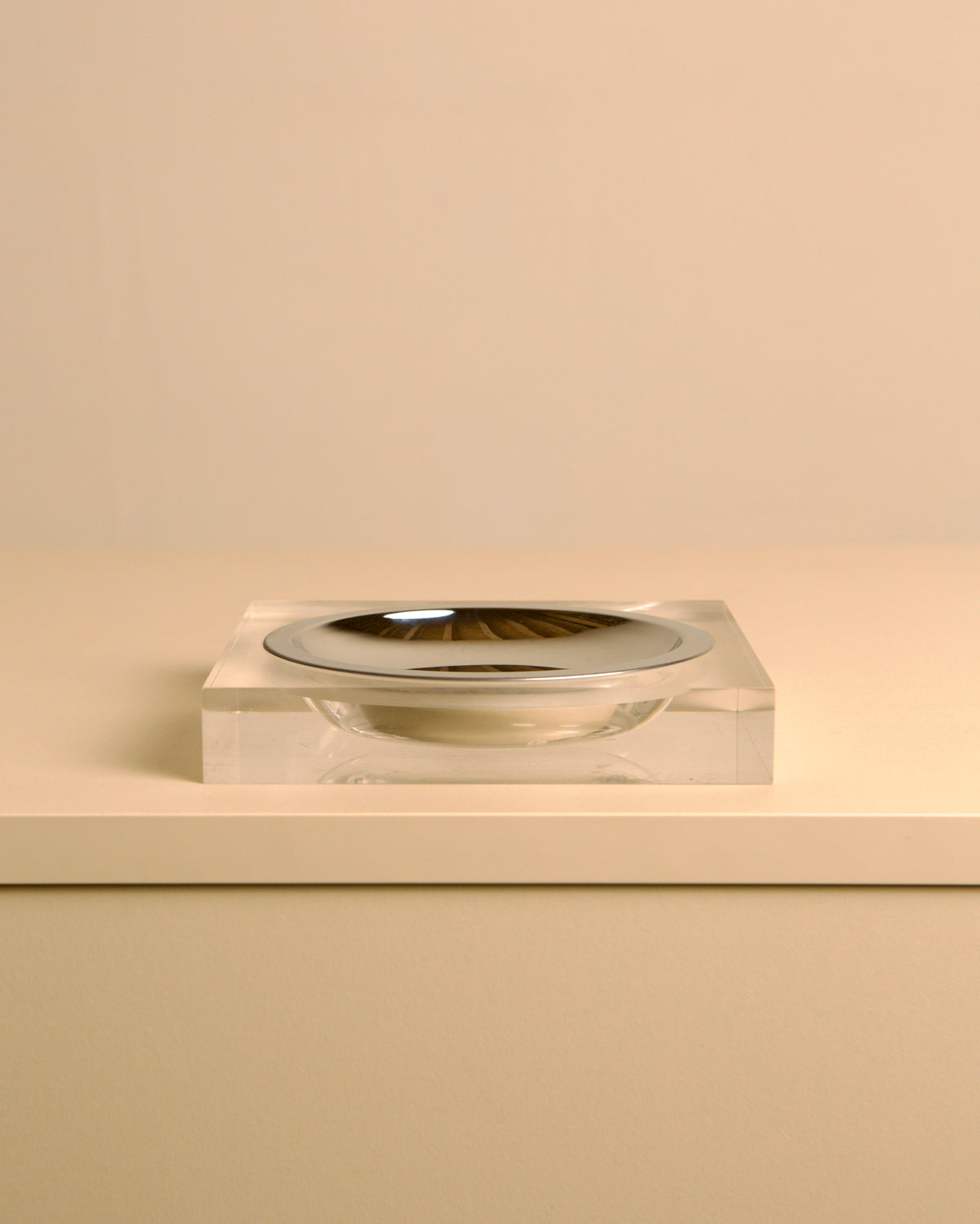 Italian square metal and plexiglass catch-all, 1970s — side angle