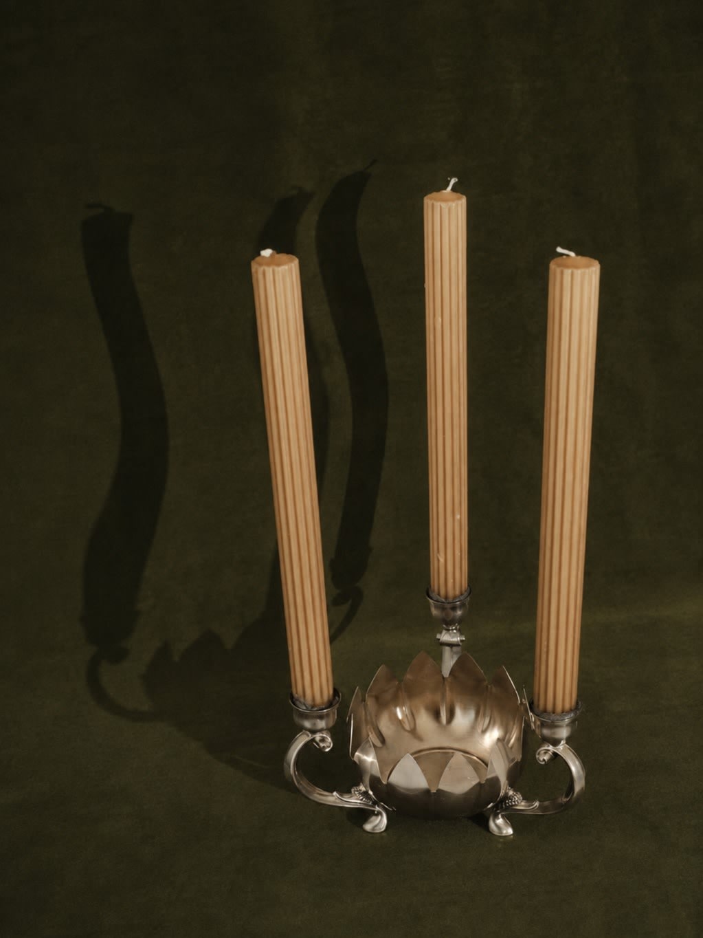 Vintage Silver-Plated Lotus Flower Three-Branch Candle Holder — lifestyle setting