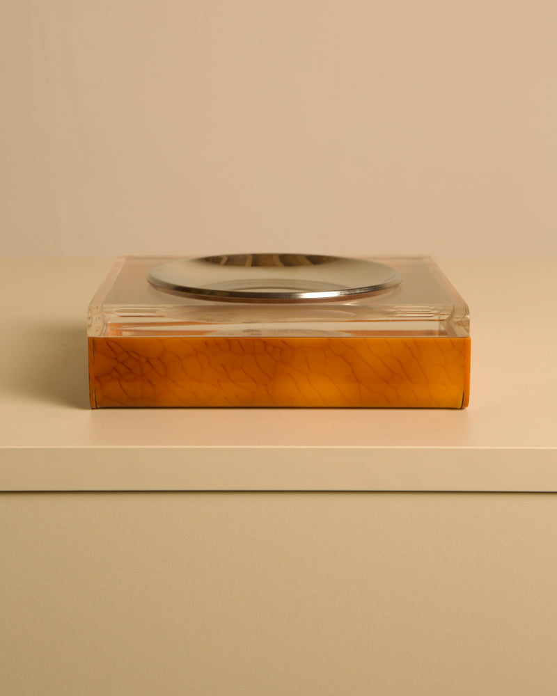 Italian 70s plexiglass and brown bakelite valet tray — side view highlighting textured surface