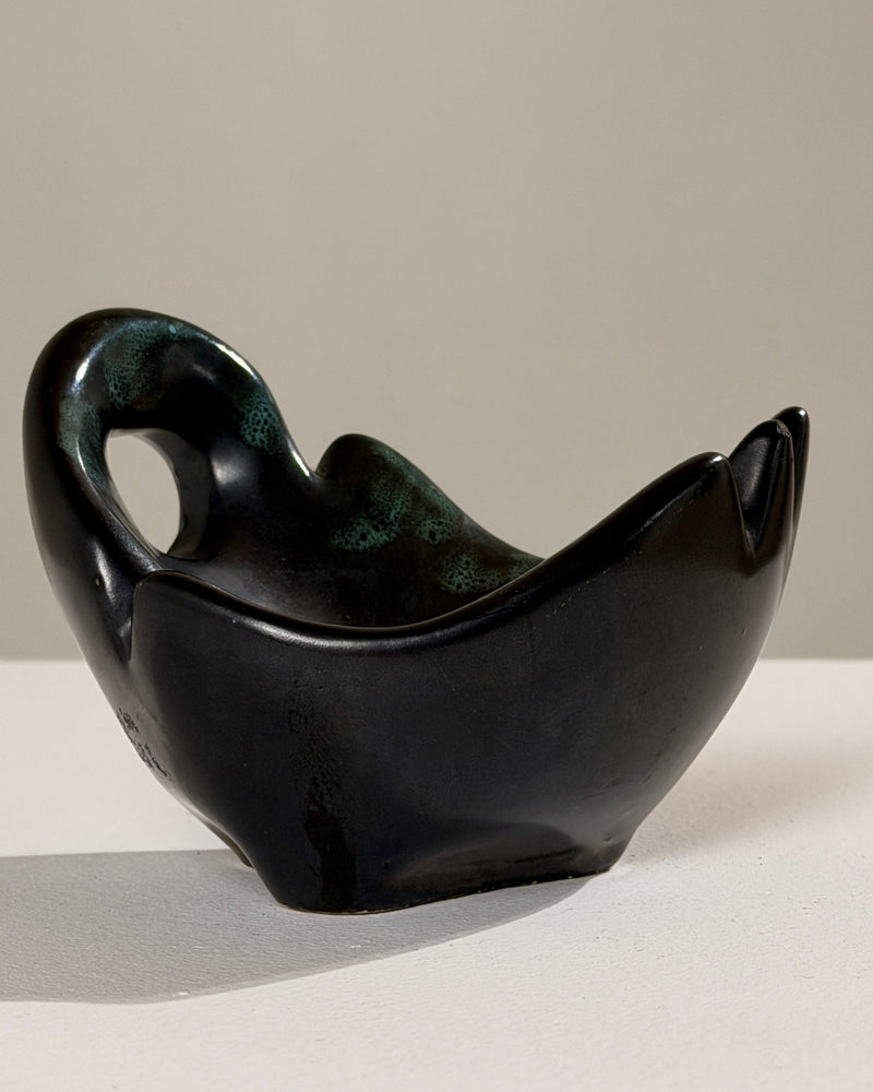 Free-form Ceramic Bowl, Vallauris, France, circa 1960 — close-up showing glossy black surface and green accents