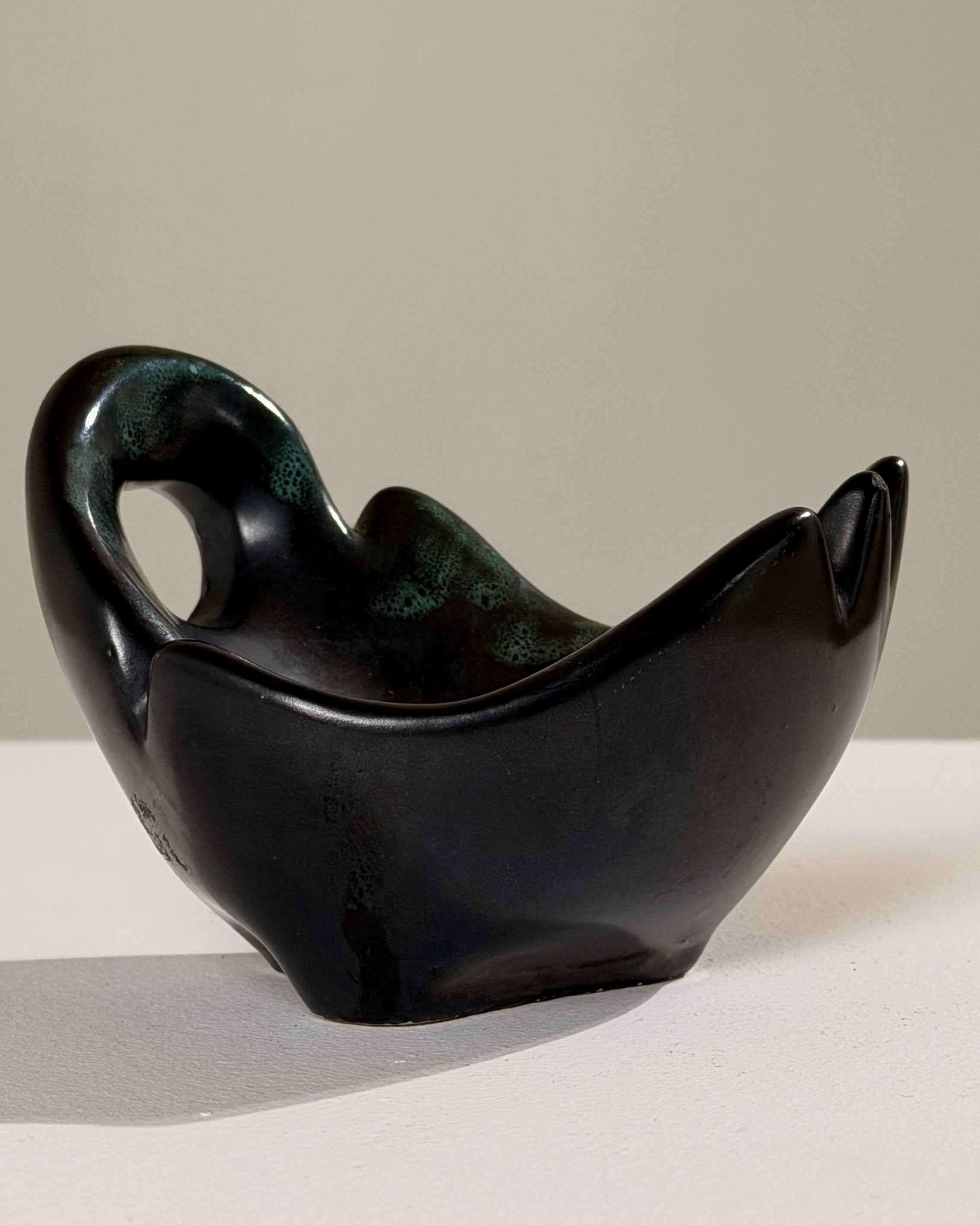 Free-form Ceramic Bowl, Vallauris, France, circa 1960 — close-up showing glossy black surface and green accents