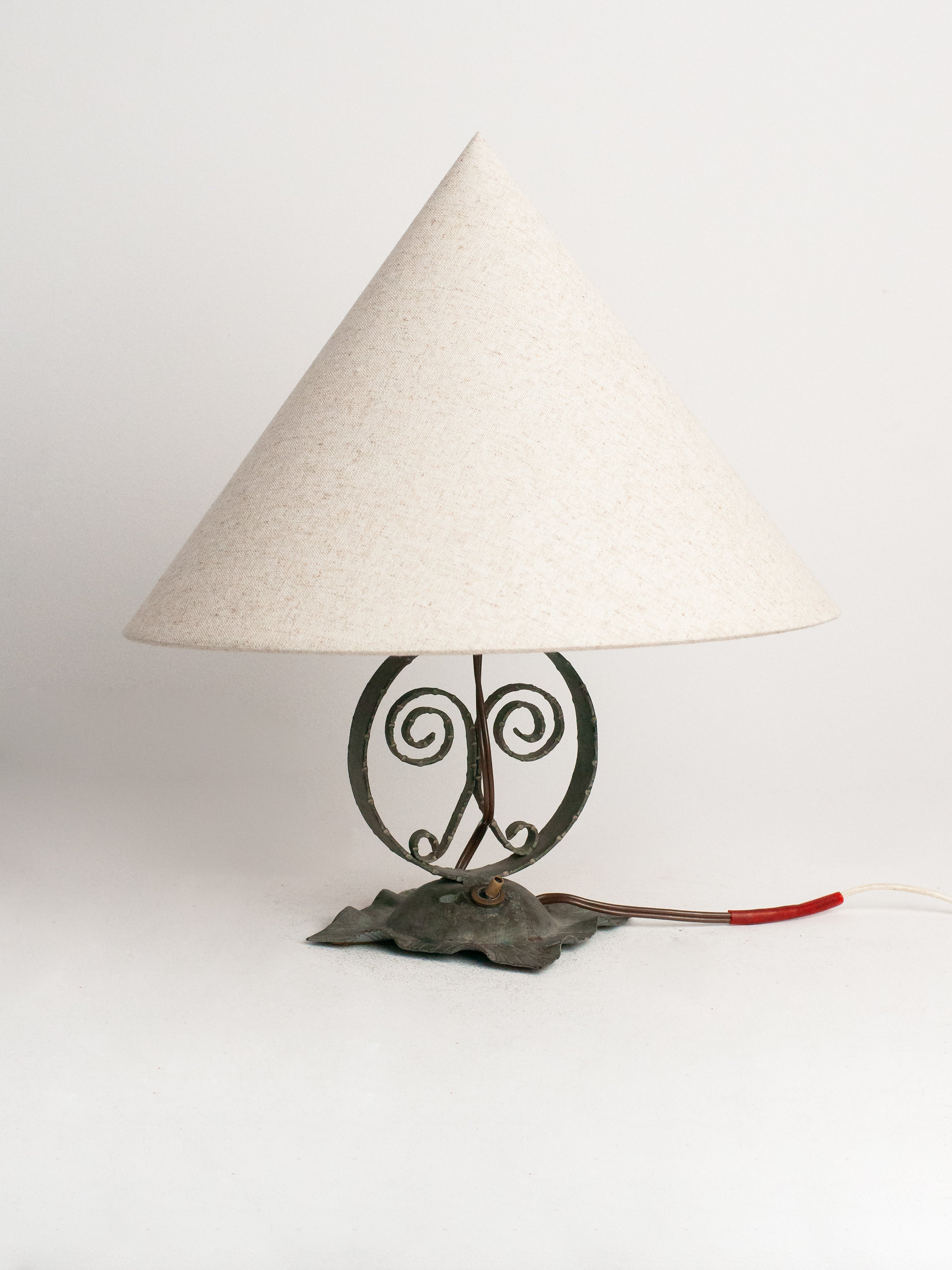 Vintage Wrought Iron Table Lamp with Linen Shade | Hand Forged Scrollwork Lamp | Rustic Eu — detail view