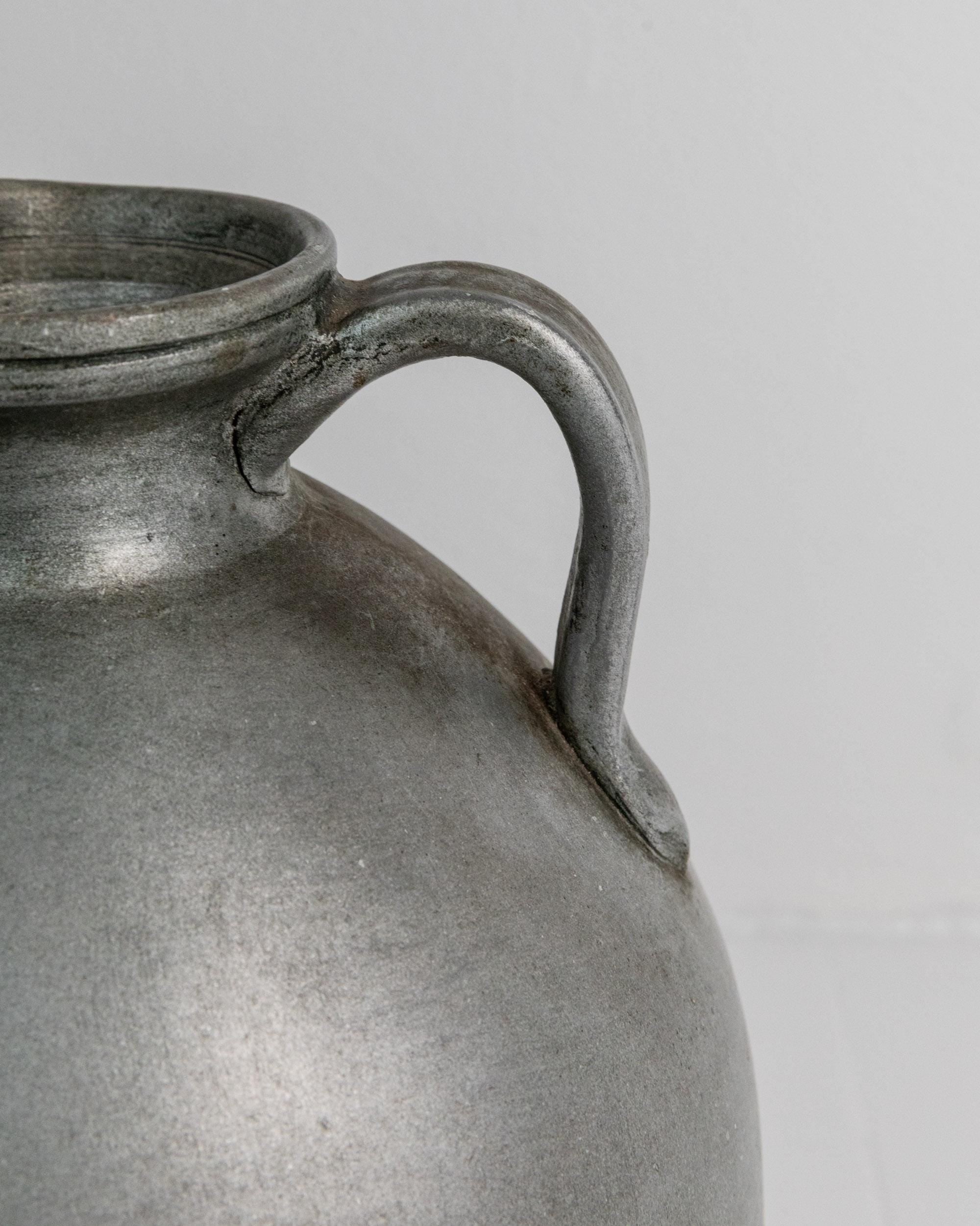 Vintage 1960s Studio Ceramic Vase with Handle, Large Rounded Form with Silver Glaze, Timeless Design, handmade Pottery, Elegant Gift Idea — side angle
