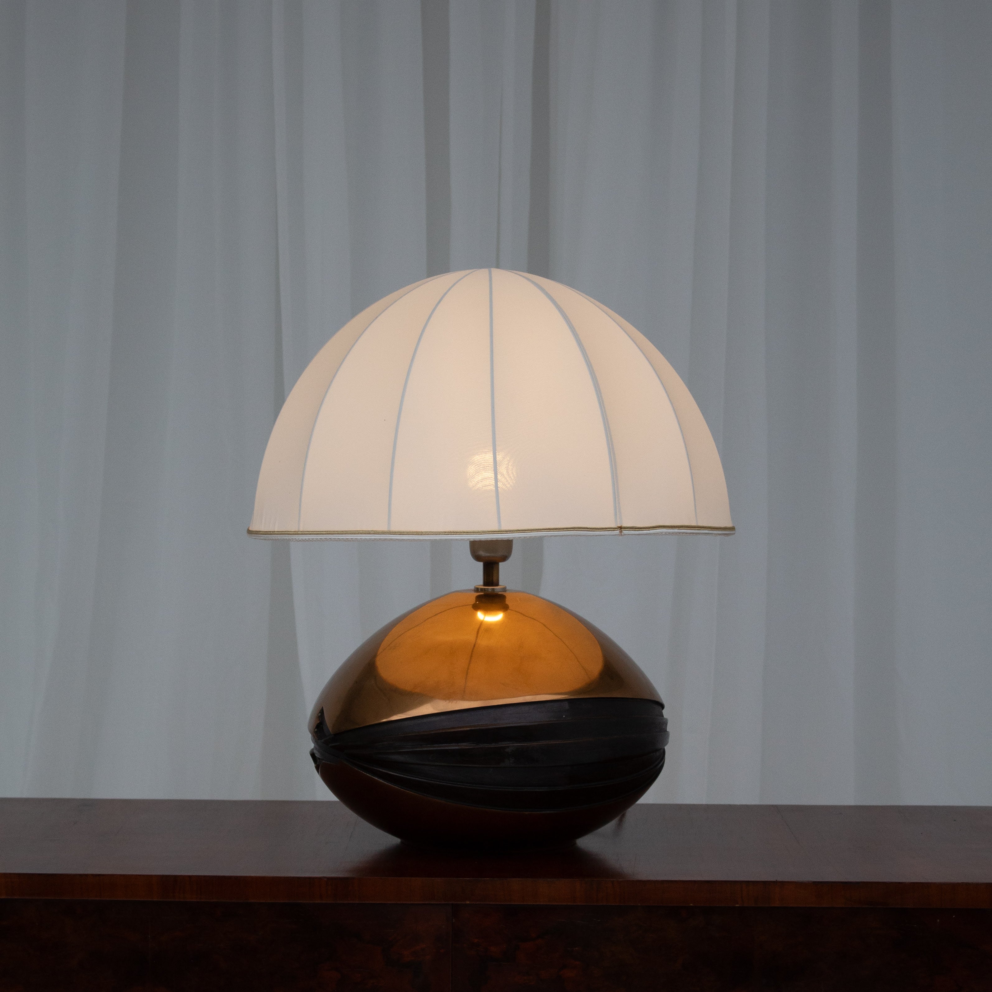 Brass Table Lamps in Fabric and Textile by Esa Fedrigolli for Esart — front view on wooden surface with white shade