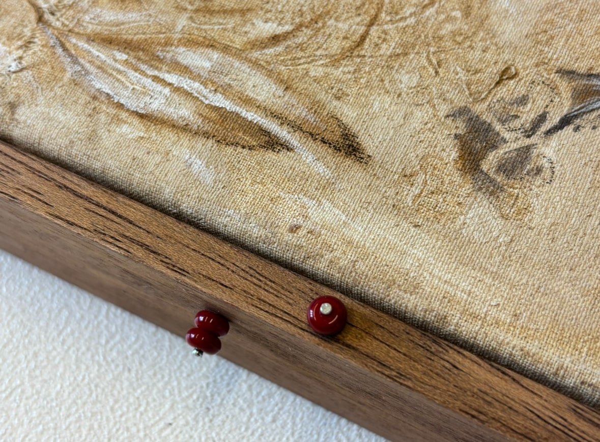 'August' Painting in Wood with Glass beads — close-up