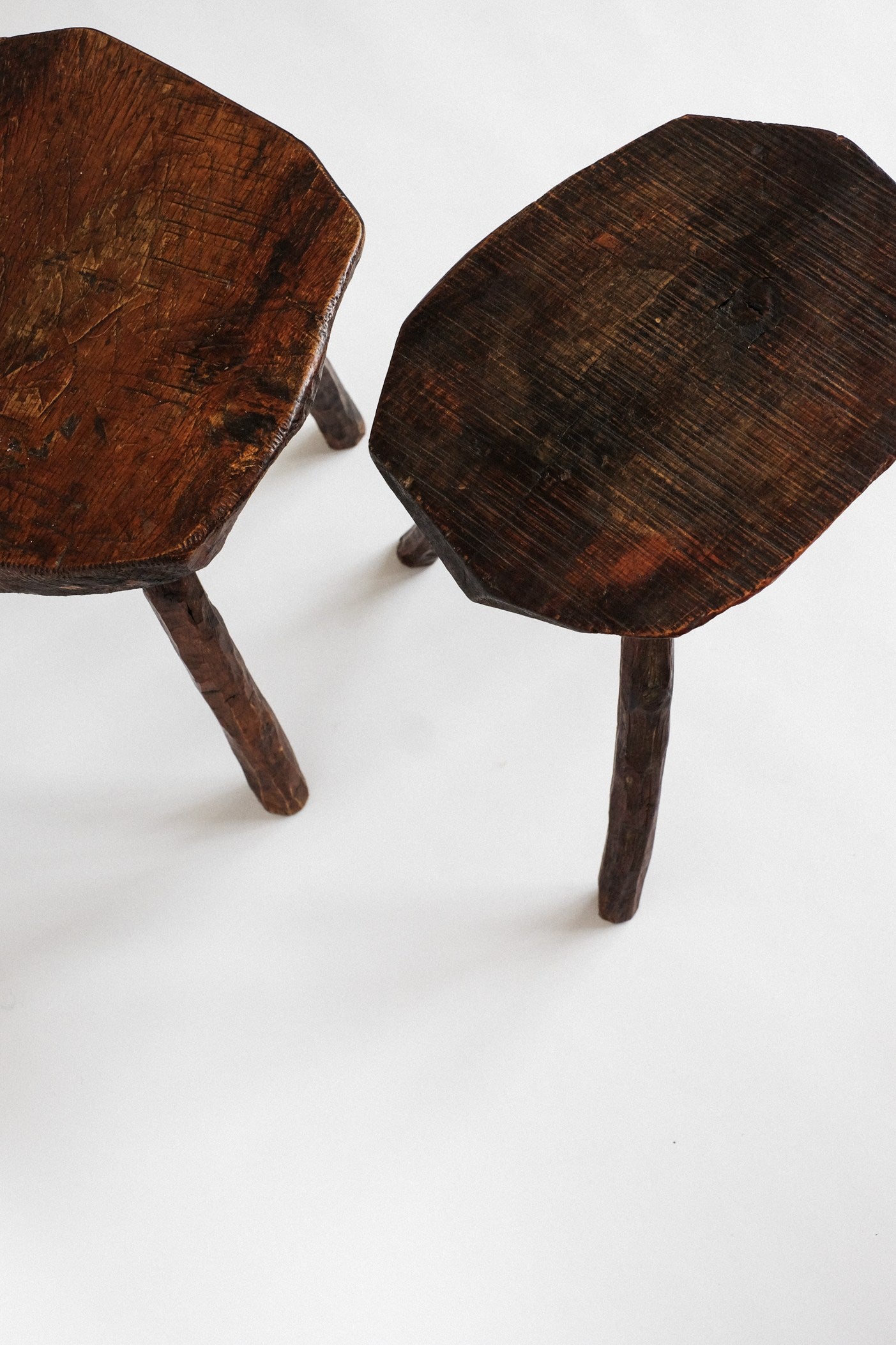 Pair of Vintage Wooden Tripod Stools — close-up