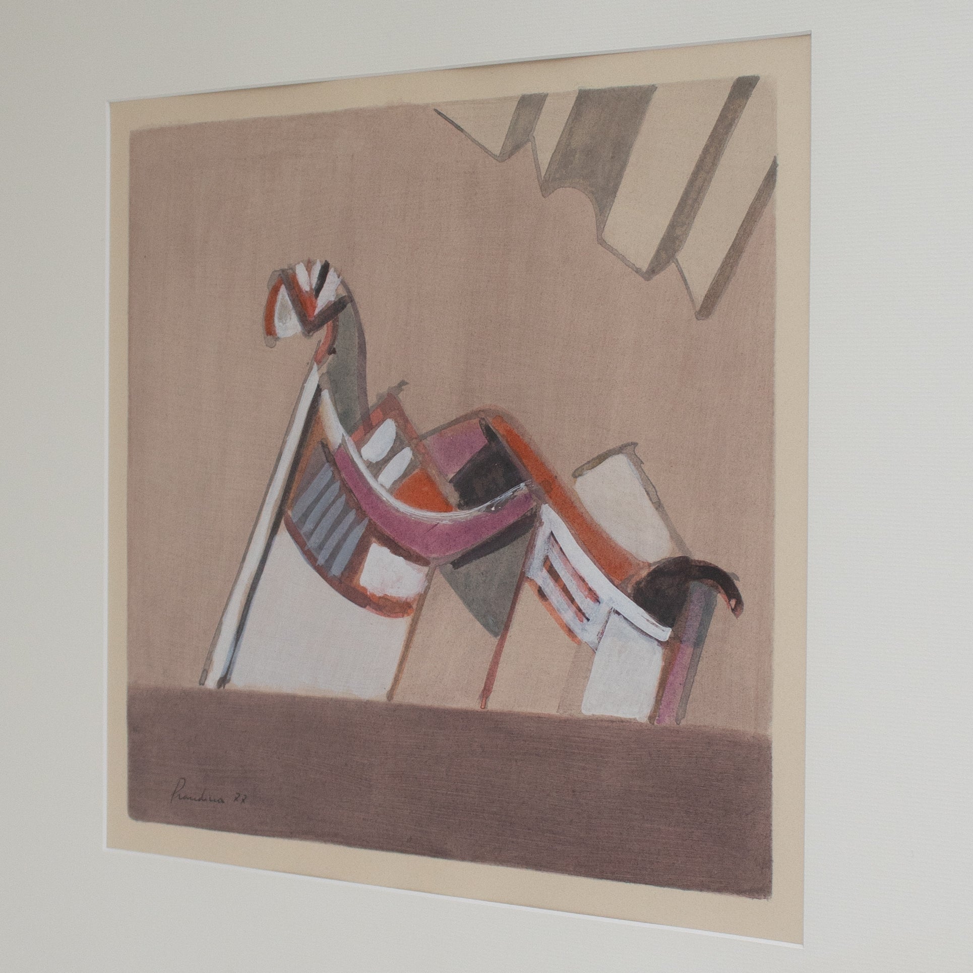 Mid Century Italian Work on Paper, 1977 — side angle showing muted colors and textured paper