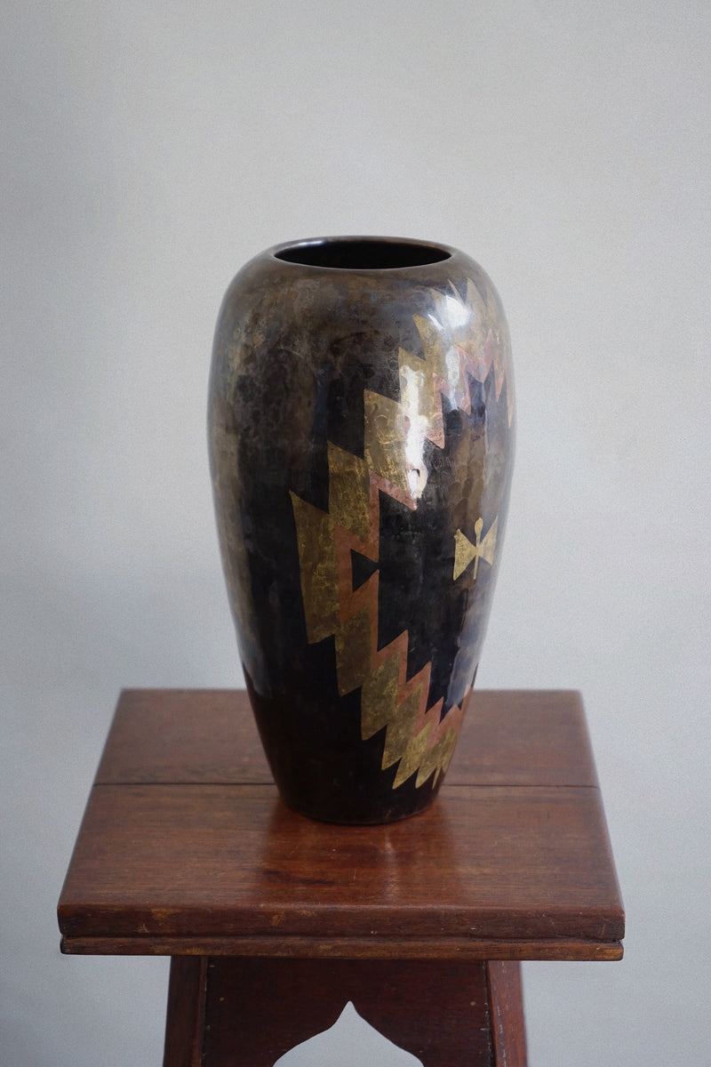 Art Deco Dinanderie Vase, c.1925 — close-up of patterned brass and dark surface