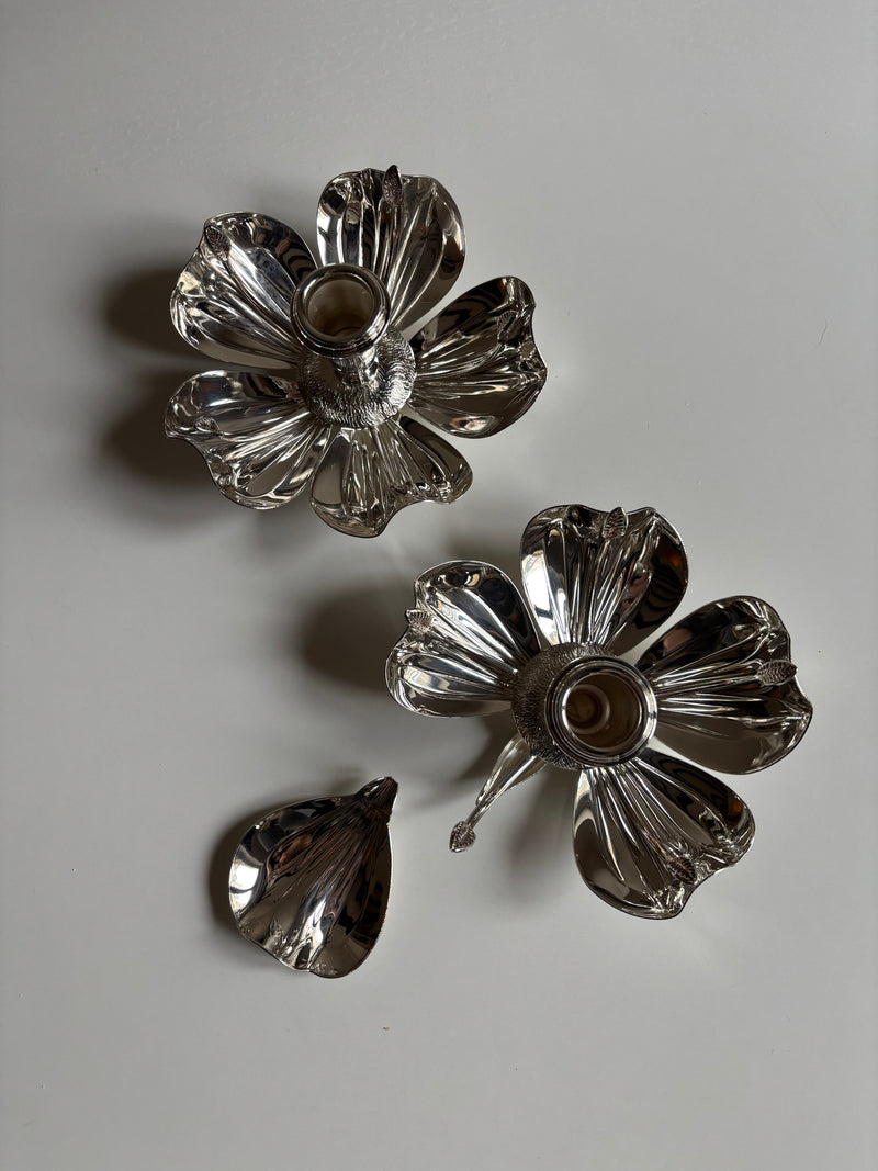 Italian Silver-Plated Magnolia Candleholders - c. 1970s — top view showing floral design and details