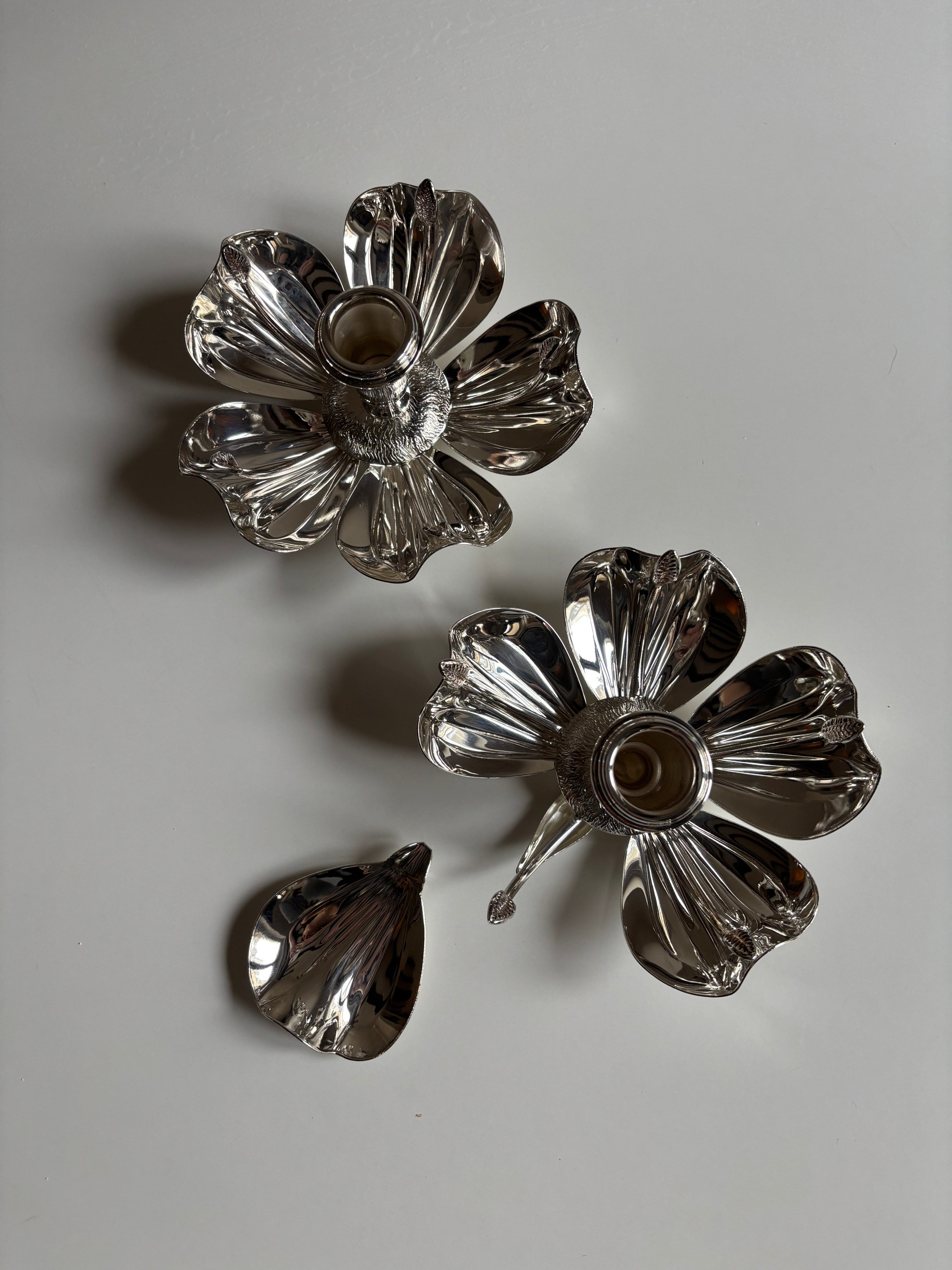 Italian Silver-Plated Magnolia Candleholders - c. 1970s — top view showing floral design and details