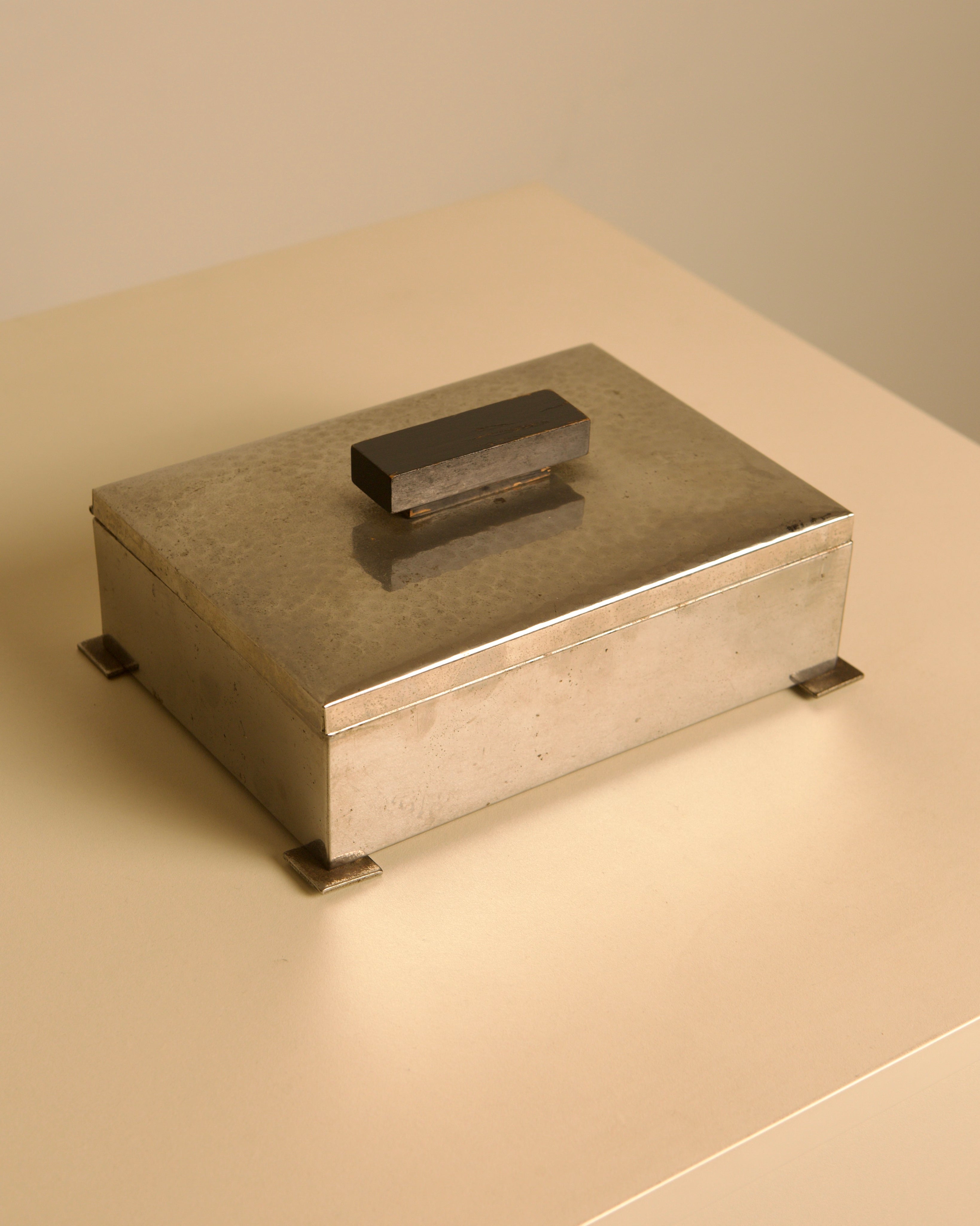 Italian Art Deco Hammered Metal & Wood Box, 1930s — side angle