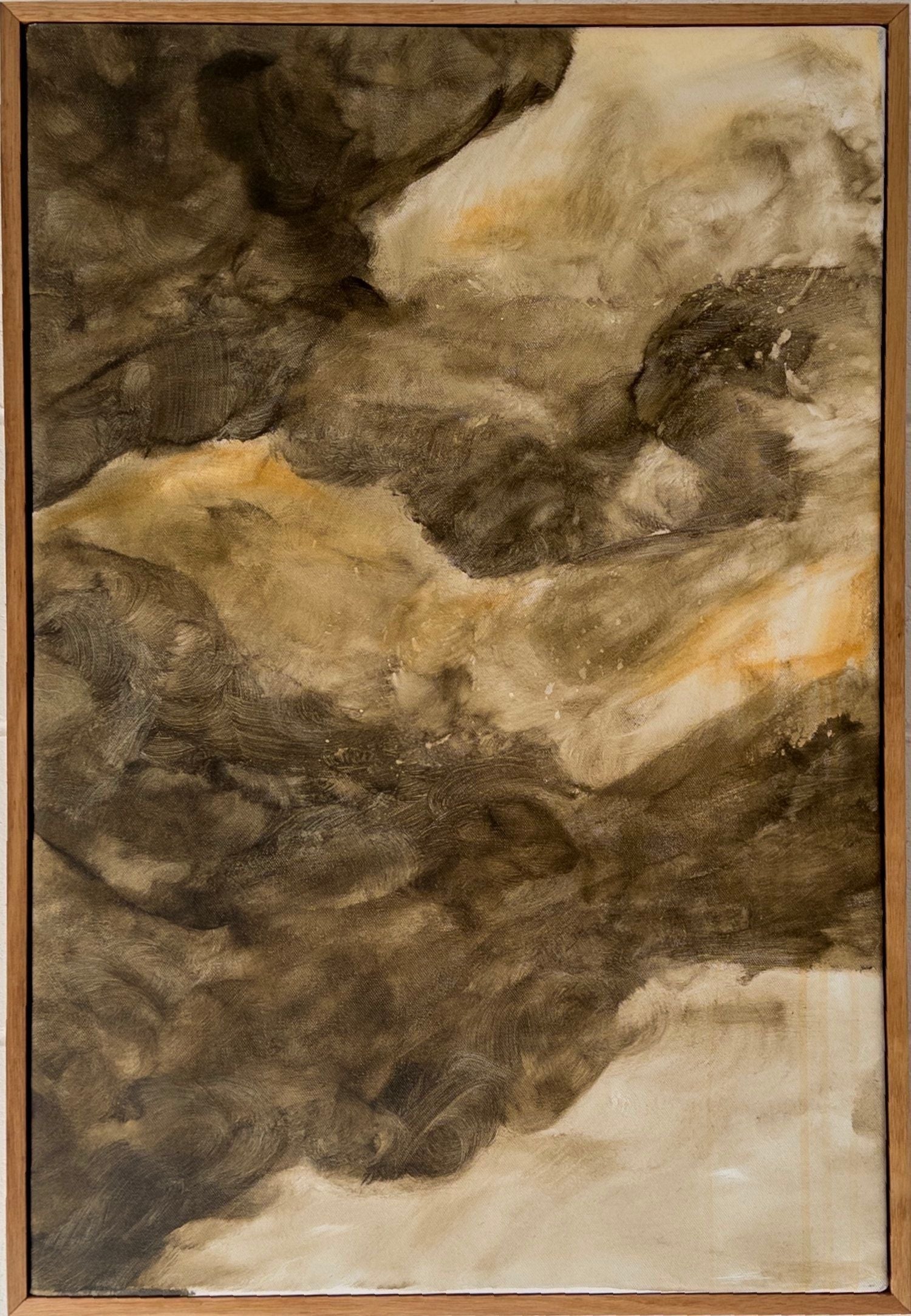 “Recess Of Dreams” by Natasha France is an original mixed media on canvas art piece featuring swirling brown and beige tones in soft, cloud-like patterns, with no distinct figures, and framed by a simple wooden border.