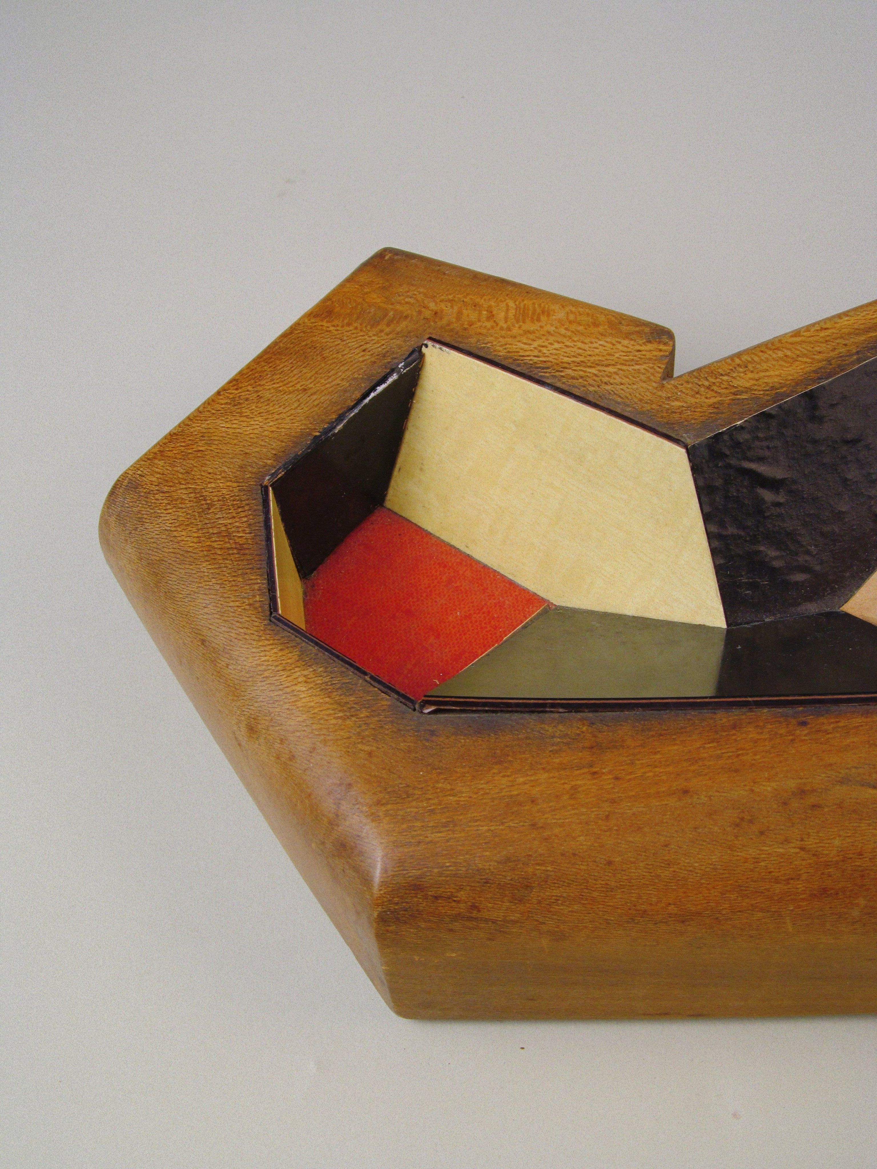 Cubist Vide Poche — angled view of wooden base with colored interior