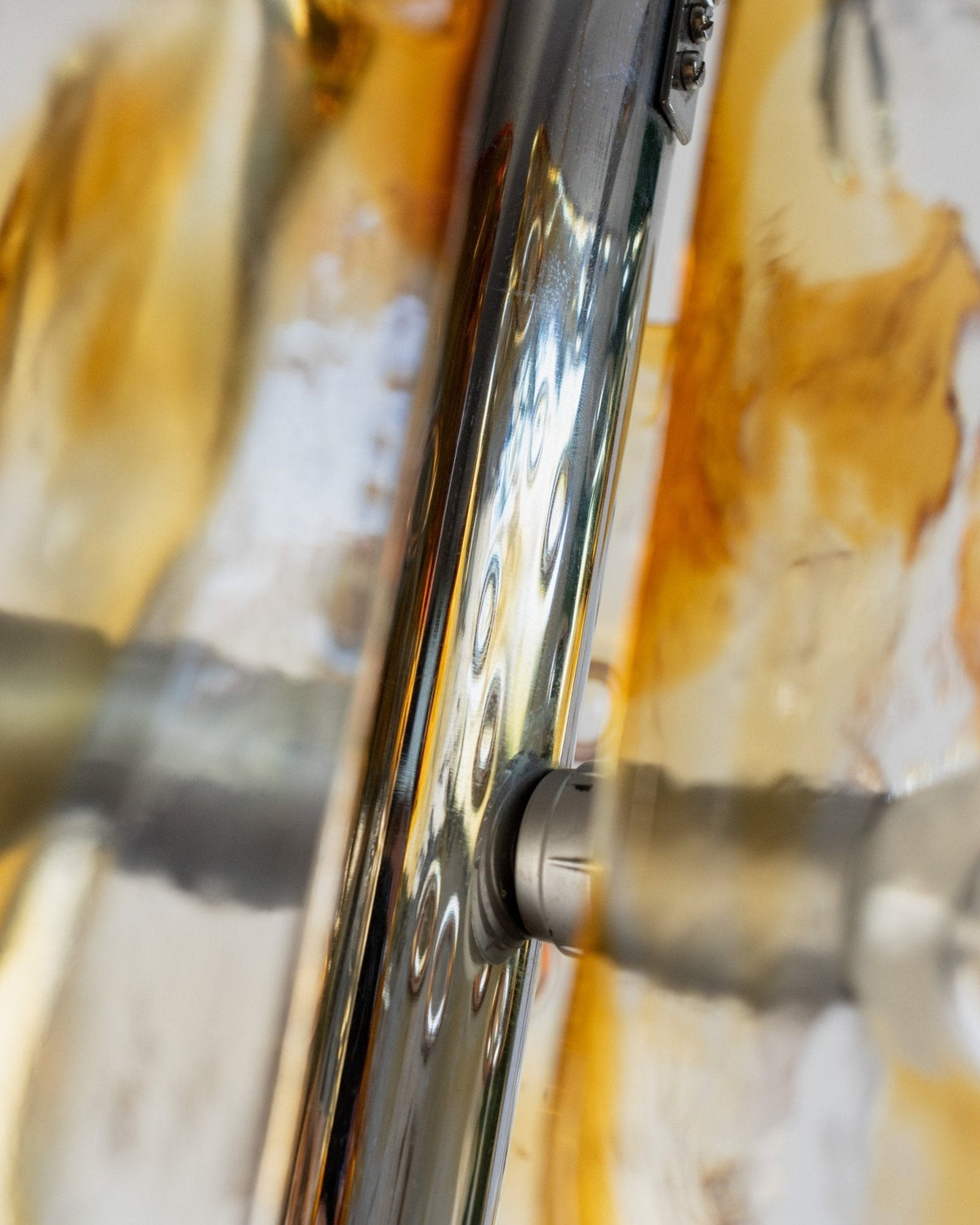 Large vintage Murano glass ceiling lamp by Toni Zuccheri for Mazzega - Italy 1970s - clear and orange glass, chrome - MCM chandelier — in context