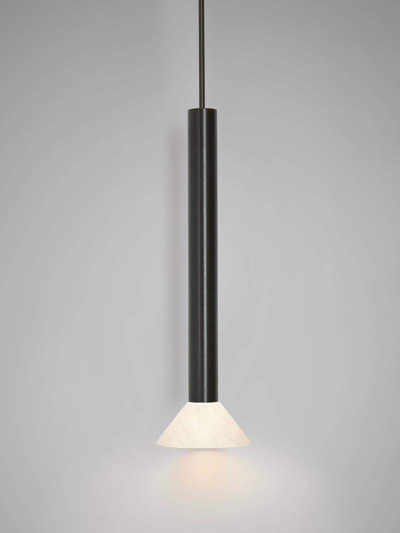 TORRES Pendant Tall — close-up of black metal and white glass shade