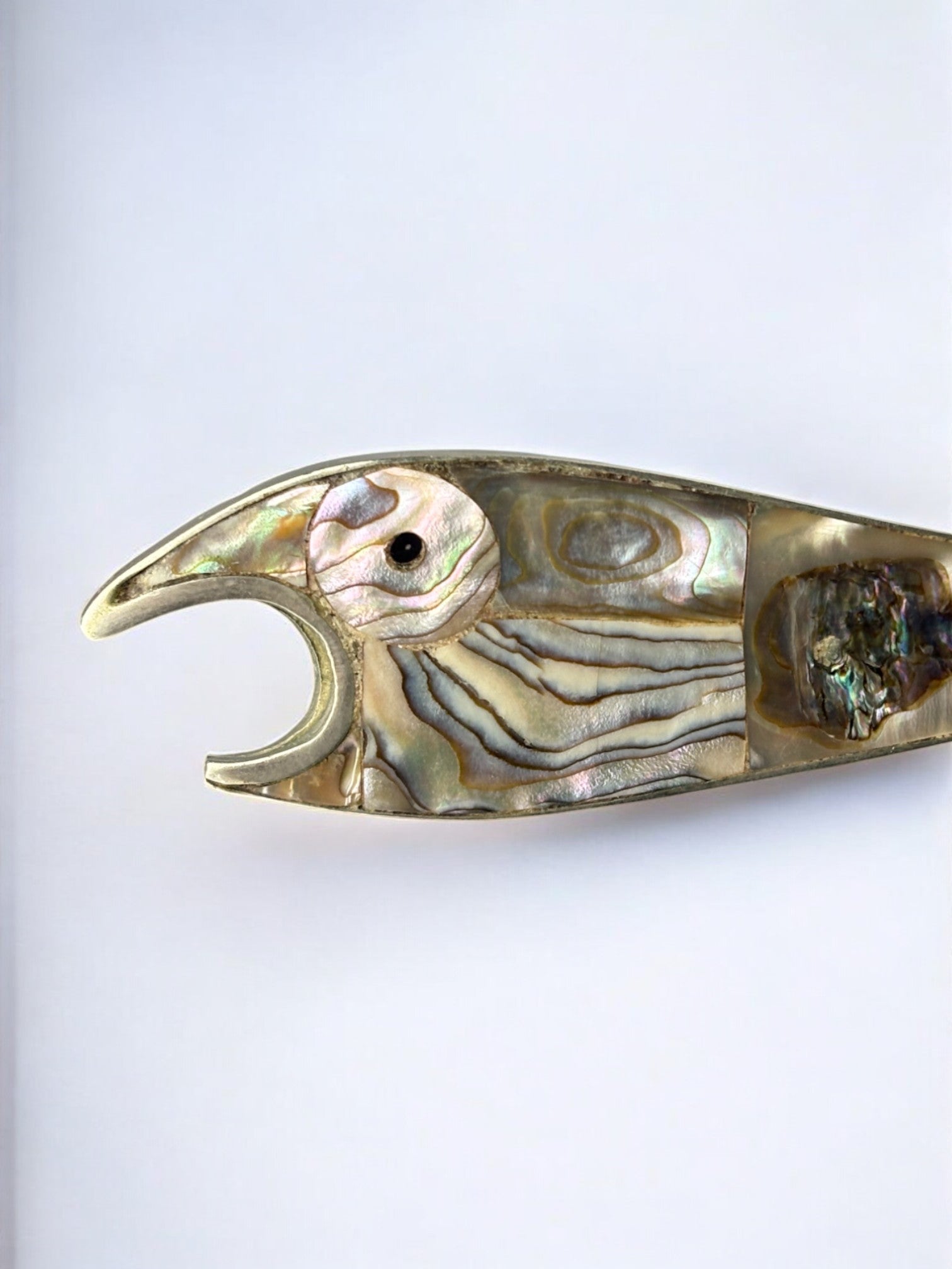 Fish Bottle Opener, Abalone shell & Alpaca, Mexico, circa 1980 — close-up of iridescent abalone detail