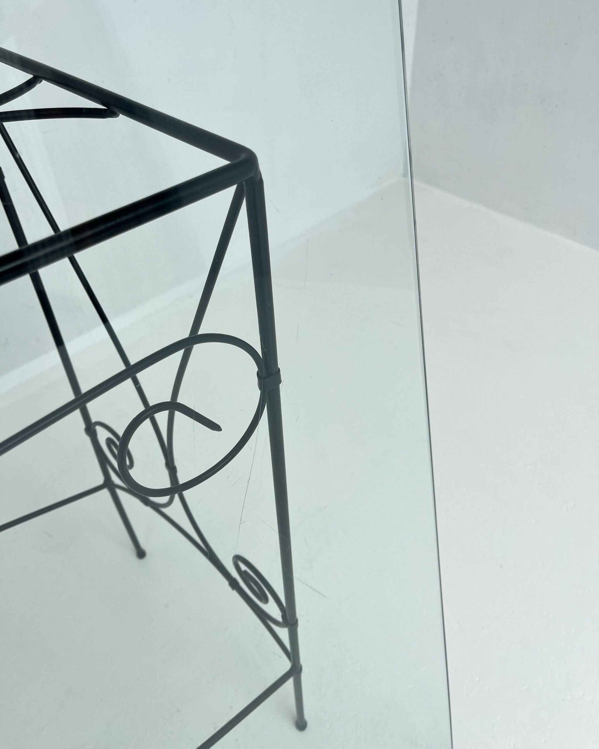 Vintage Wrought Iron Console Table With Glass Top — close-up