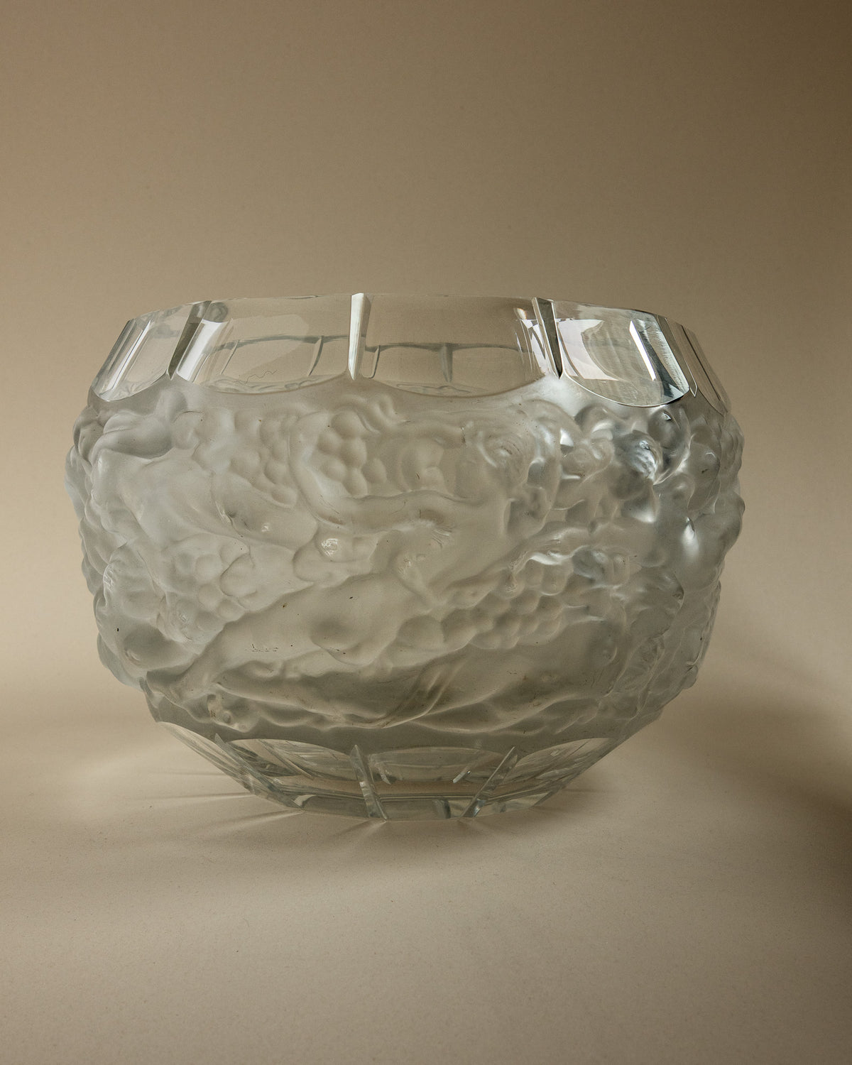 “Bacchus” Crystal Globe Vase with Grapes & Nymphs in Relief | Attr. René Lalique — side angle