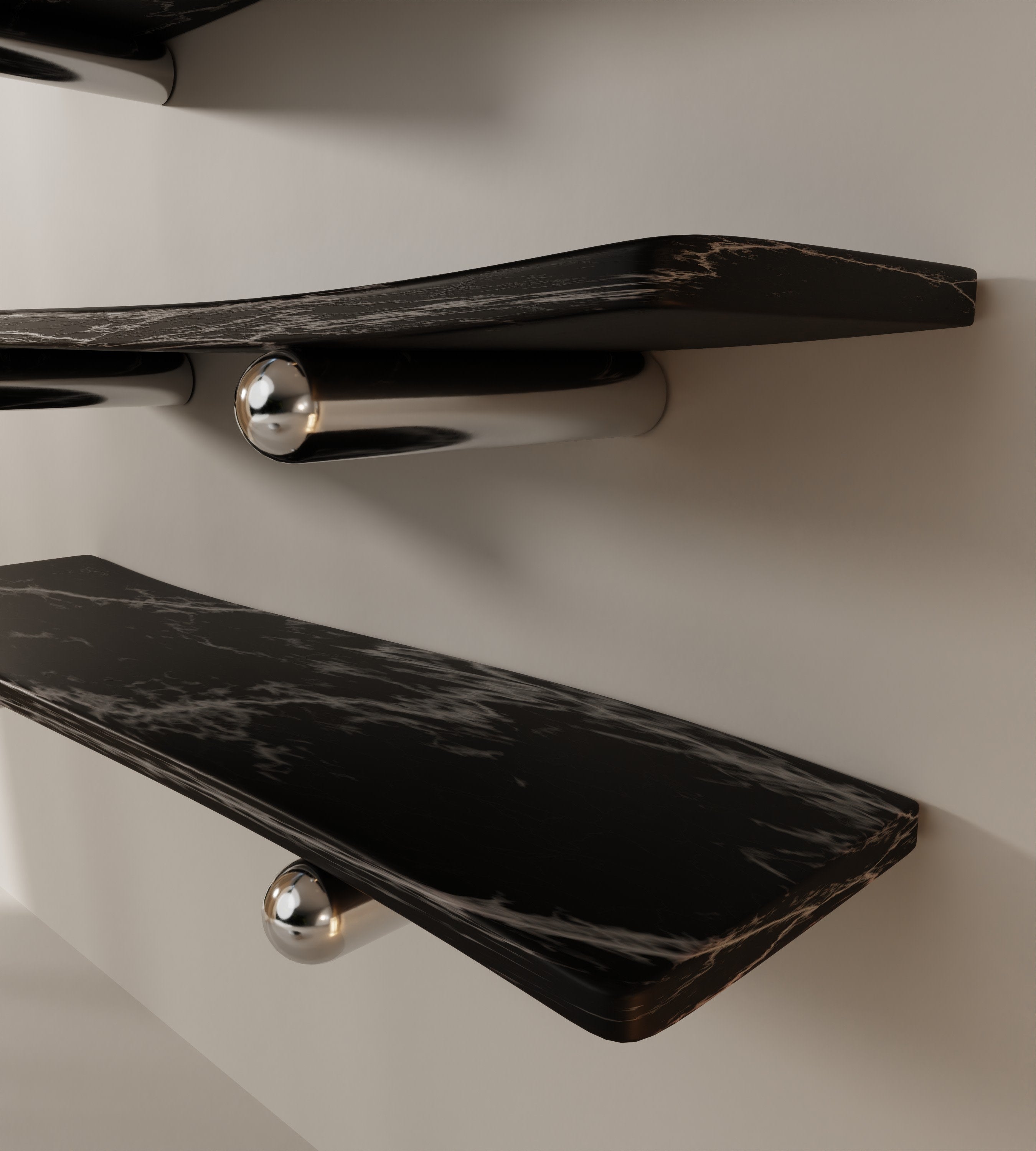 “Velo” Shelves | Marble Stainless Steel — close-up