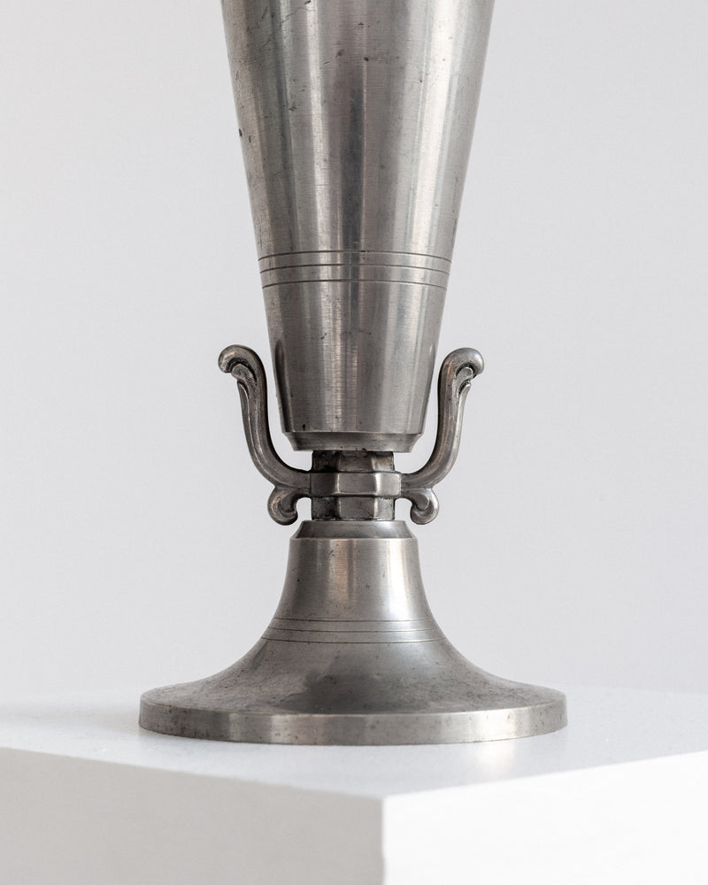 Art Deco Pewter Vase by C.G. Hallberg, Sweden, 1935 — close-up of base detail with decorative handles